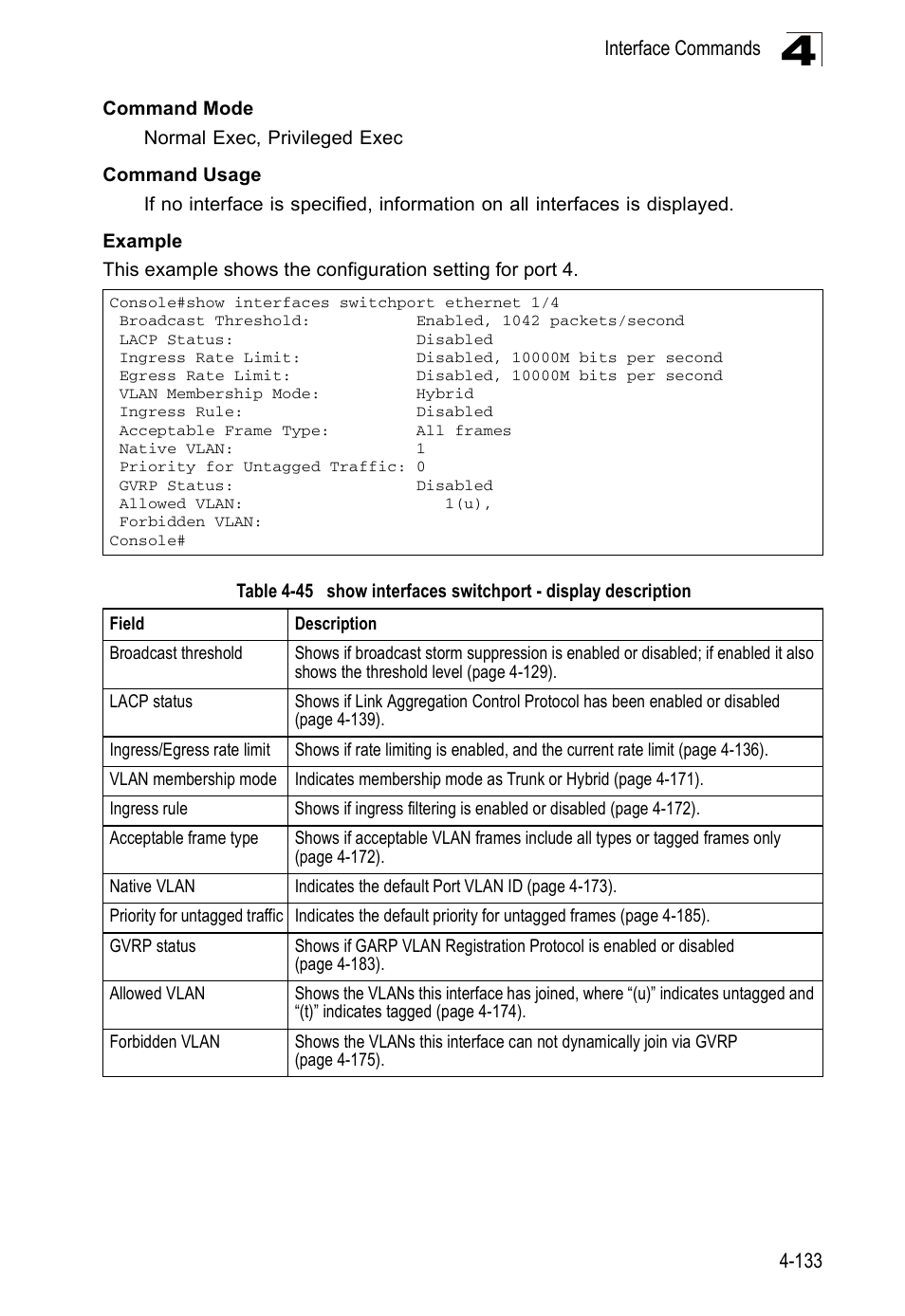 Table 4-45, Show interfaces switchport - display description | Accton Technology ES5508 User Manual | Page 345 / 446