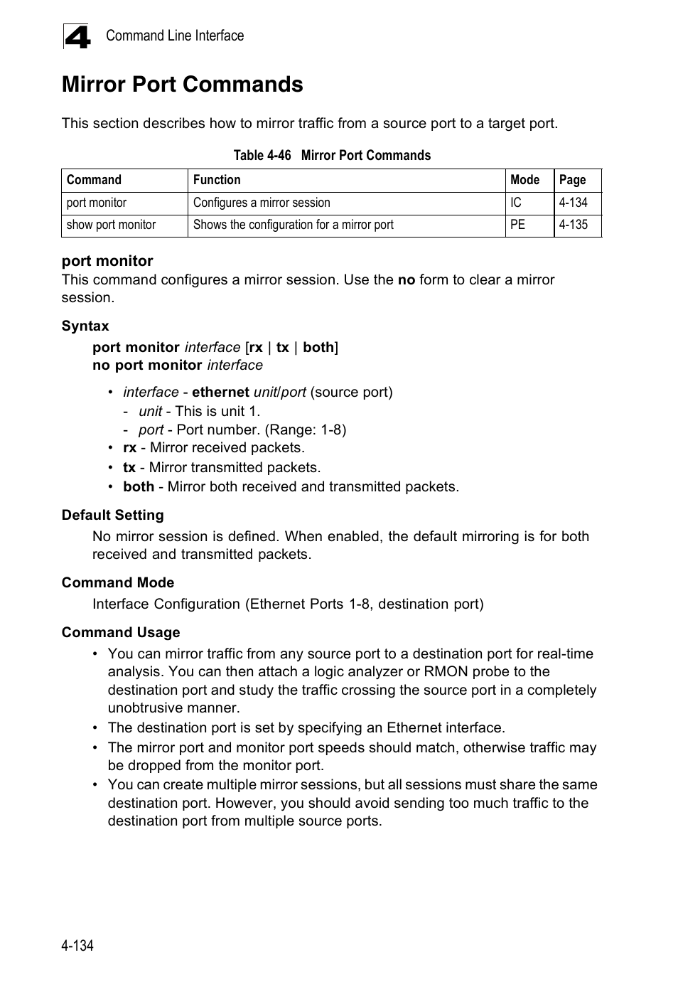 Mirror port commands, Port monitor, Table 4-46 | Accton Technology ES5508 User Manual | Page 346 / 446