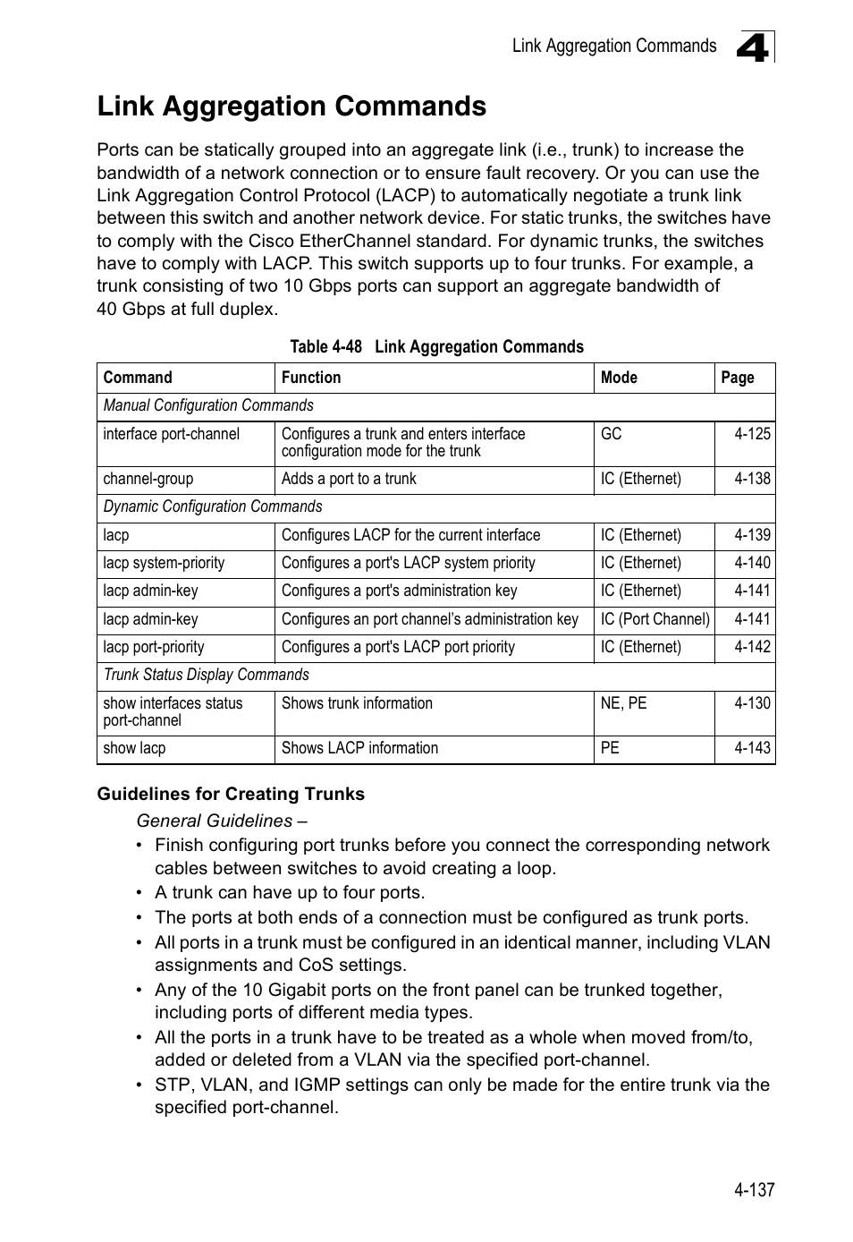 Link aggregation commands, Table 4-48 | Accton Technology ES5508 User Manual | Page 349 / 446