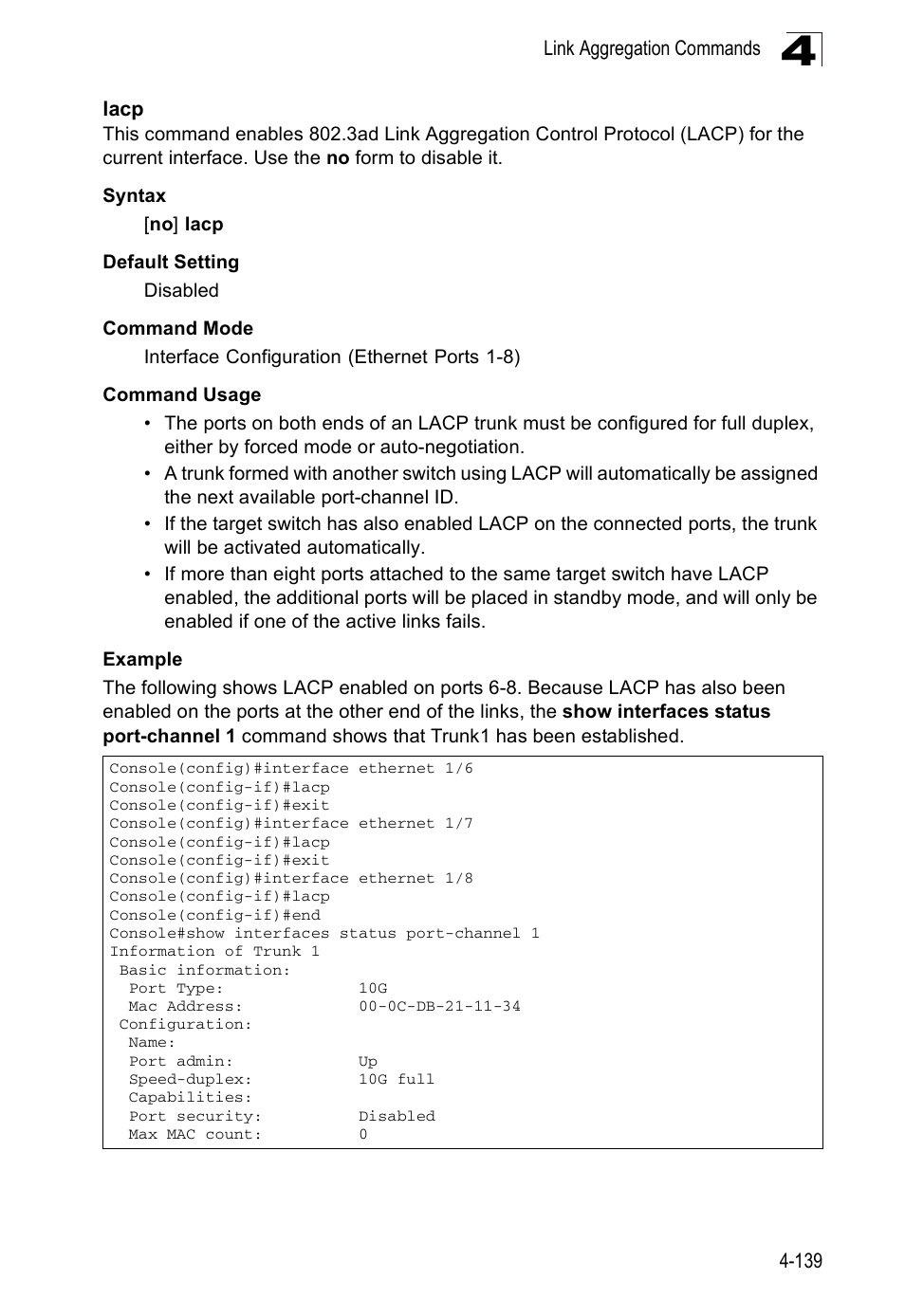 Lacp, Lacp 4-139 | Accton Technology ES5508 User Manual | Page 351 / 446