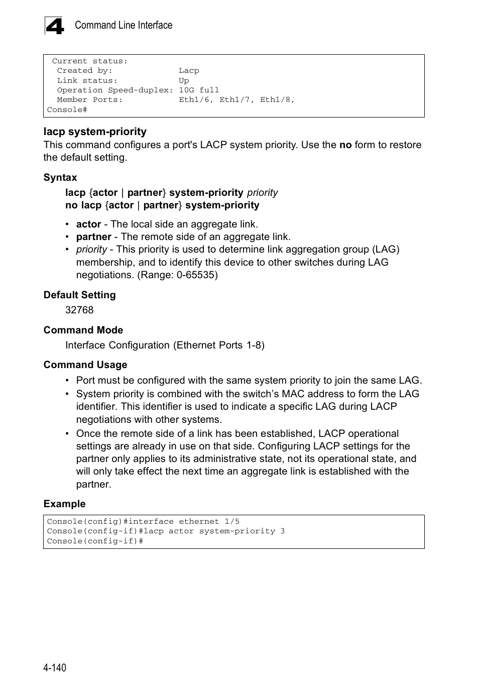 Lacp system-priority | Accton Technology ES5508 User Manual | Page 352 / 446
