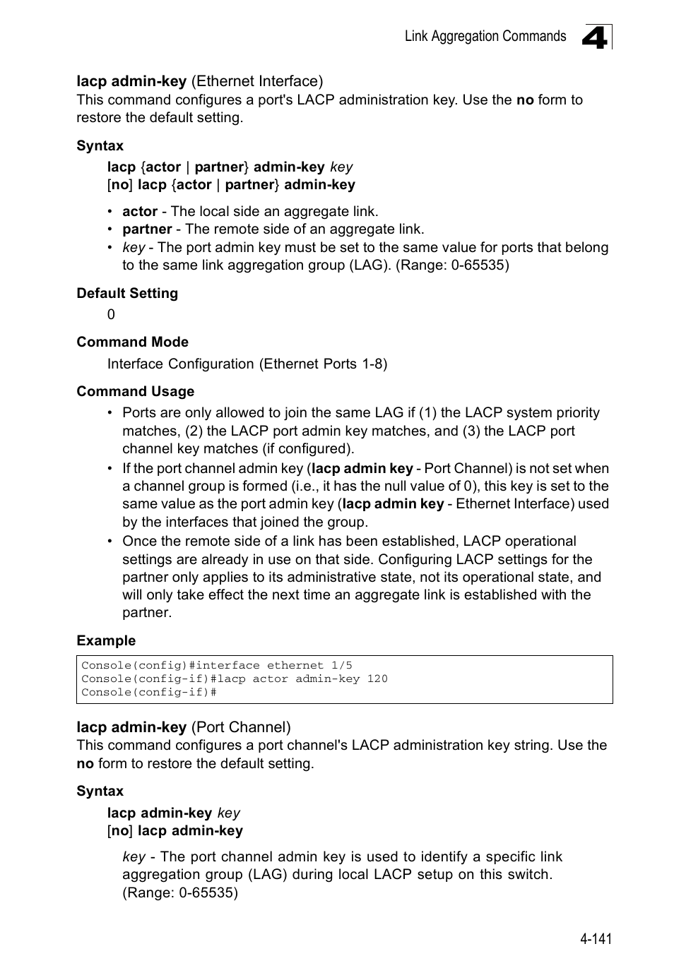 Lacp admin-key (ethernet interface), Lacp admin-key (port channel) | Accton Technology ES5508 User Manual | Page 353 / 446