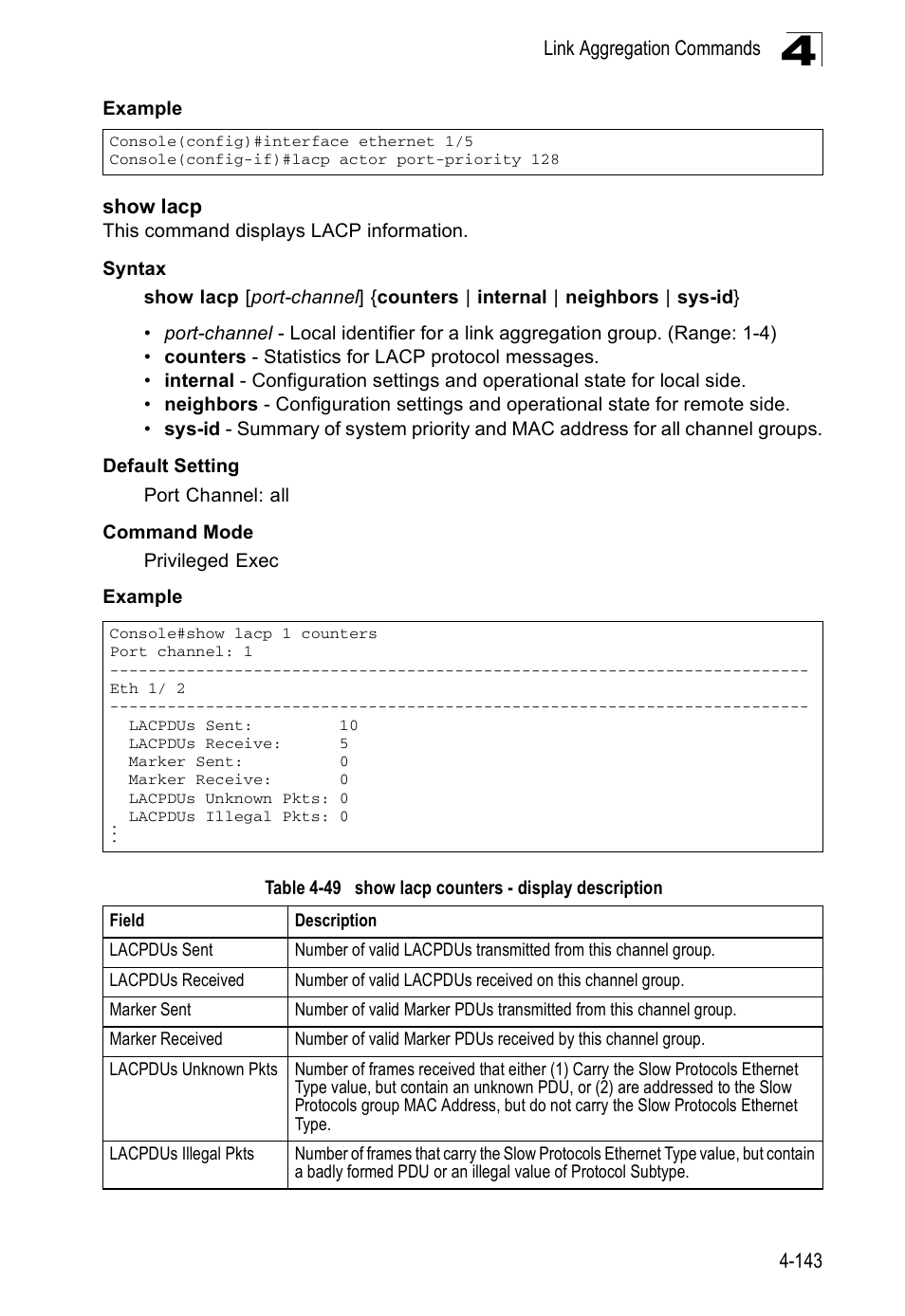 Show lacp, Table 4-49, Show lacp counters - display description | Accton Technology ES5508 User Manual | Page 355 / 446