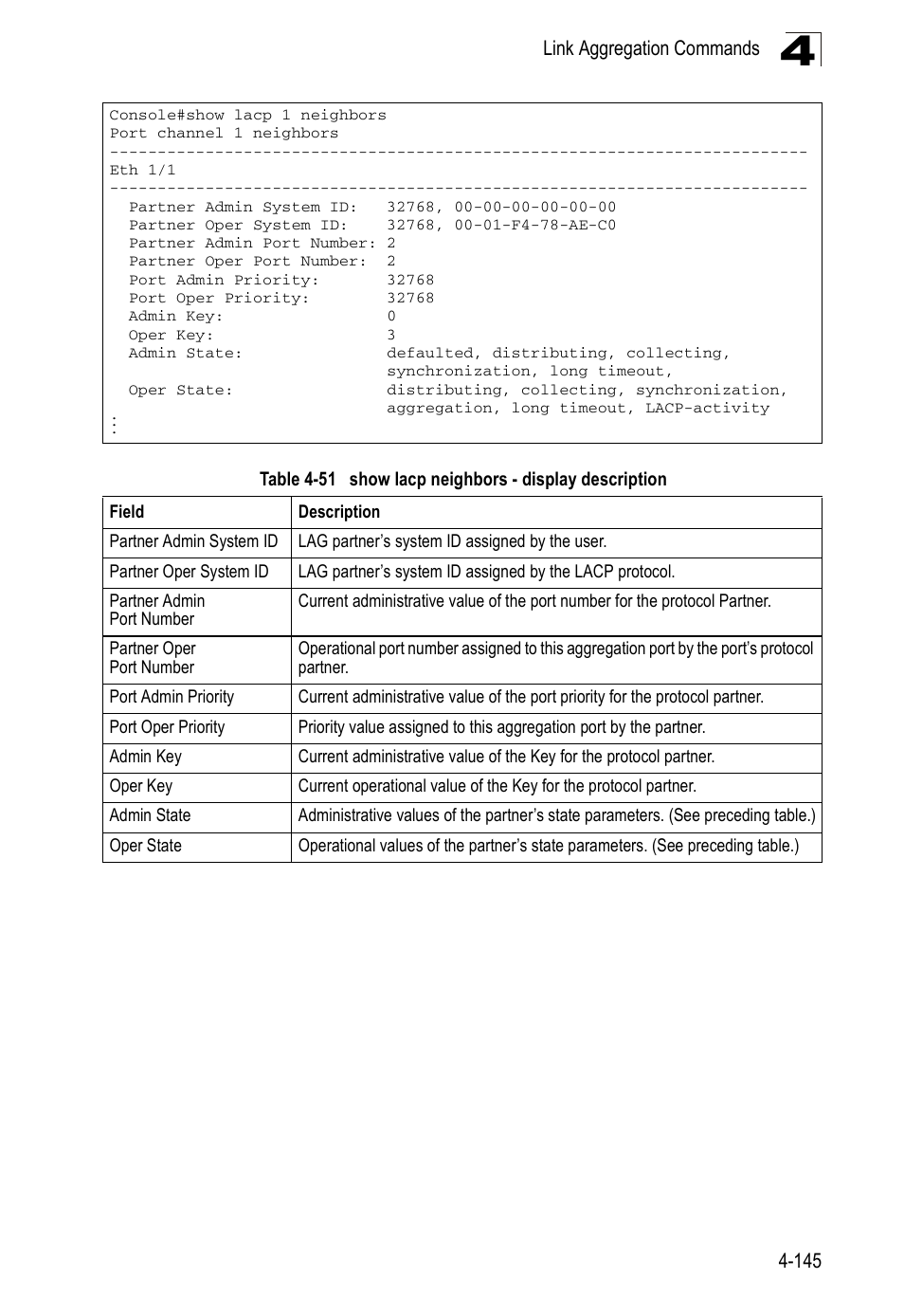Table 4-51, Show lacp neighbors - display description | Accton Technology ES5508 User Manual | Page 357 / 446