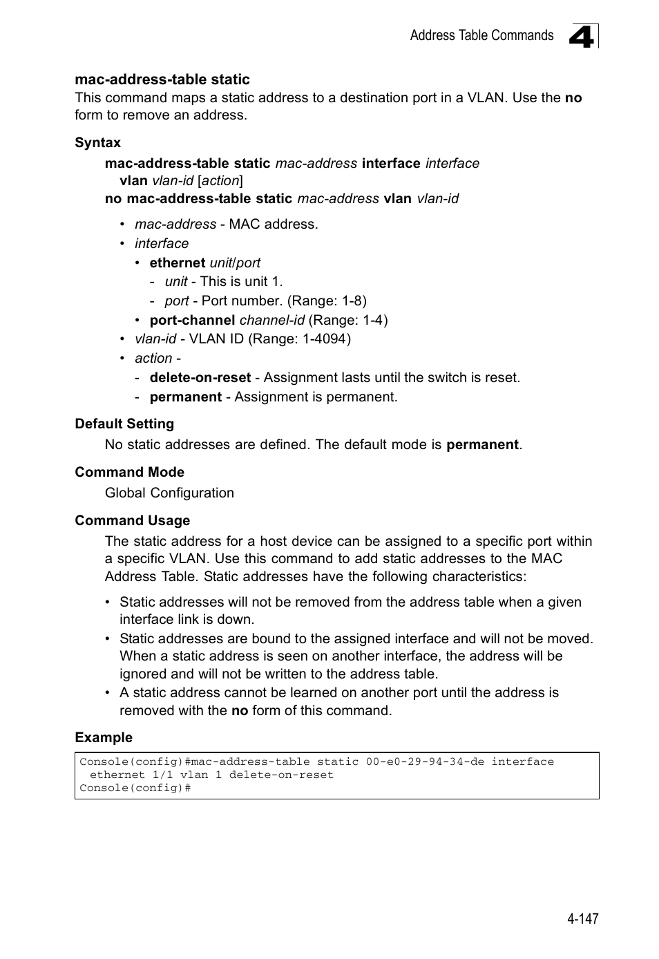 Mac-address-table static, Mac-address-table static (4-147) | Accton Technology ES5508 User Manual | Page 359 / 446