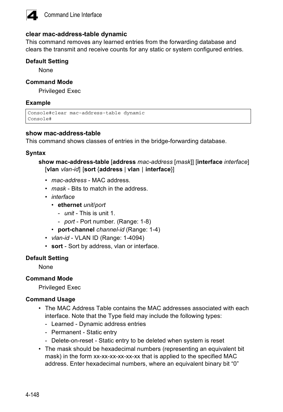 Clear mac-address-table dynamic, Show mac-address-table, Show mac-address-table (4-148) | Accton Technology ES5508 User Manual | Page 360 / 446
