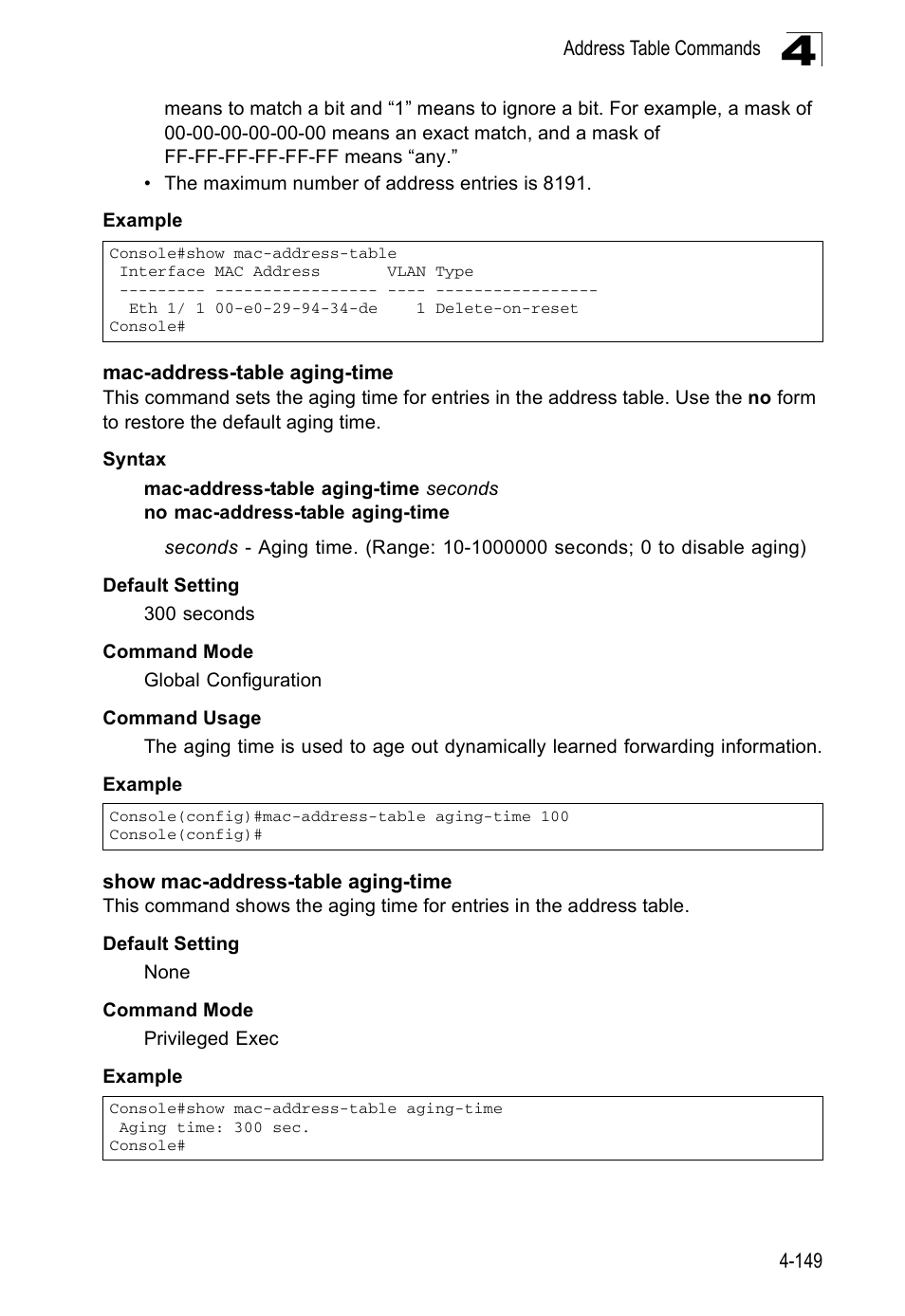 Mac-address-table aging-time, Show mac-address-table aging-time | Accton Technology ES5508 User Manual | Page 361 / 446