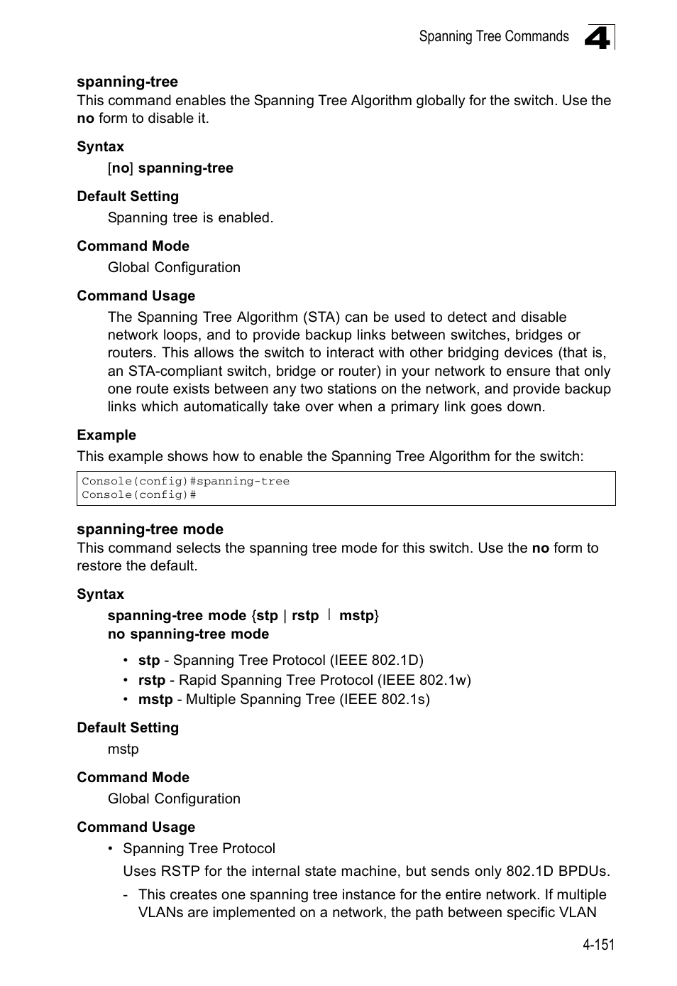 Spanning-tree, Spanning-tree mode, Spanning-tree 4-151 spanning-tree mode | Accton Technology ES5508 User Manual | Page 363 / 446