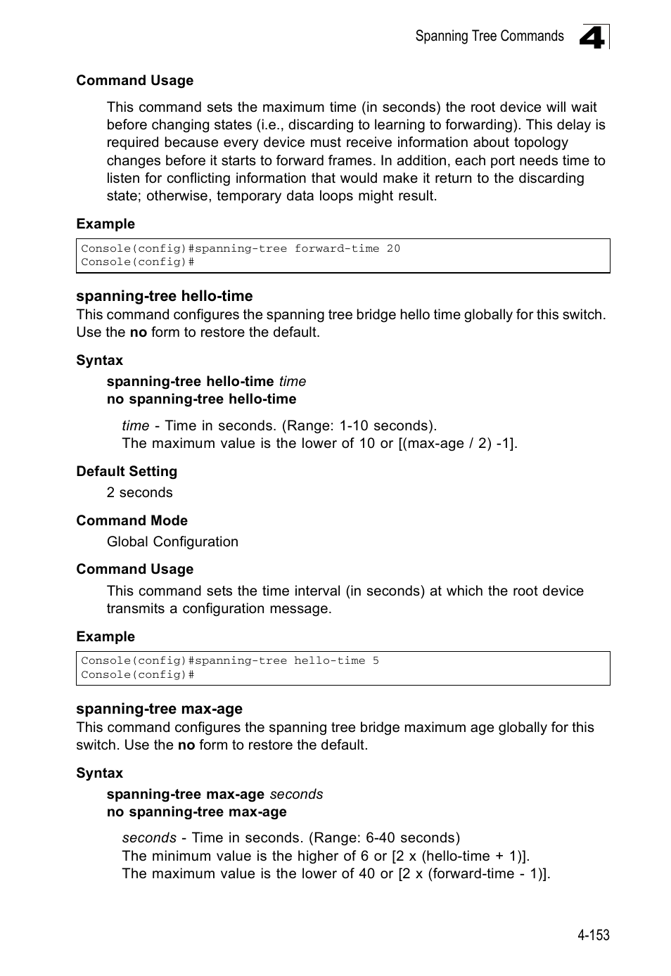 Spanning-tree hello-time, Spanning-tree max-age | Accton Technology ES5508 User Manual | Page 365 / 446