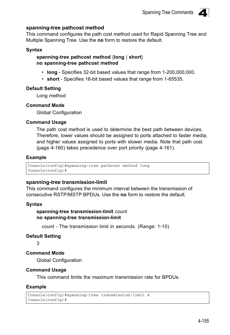 Spanning-tree pathcost method, Spanning-tree transmission-limit | Accton Technology ES5508 User Manual | Page 367 / 446