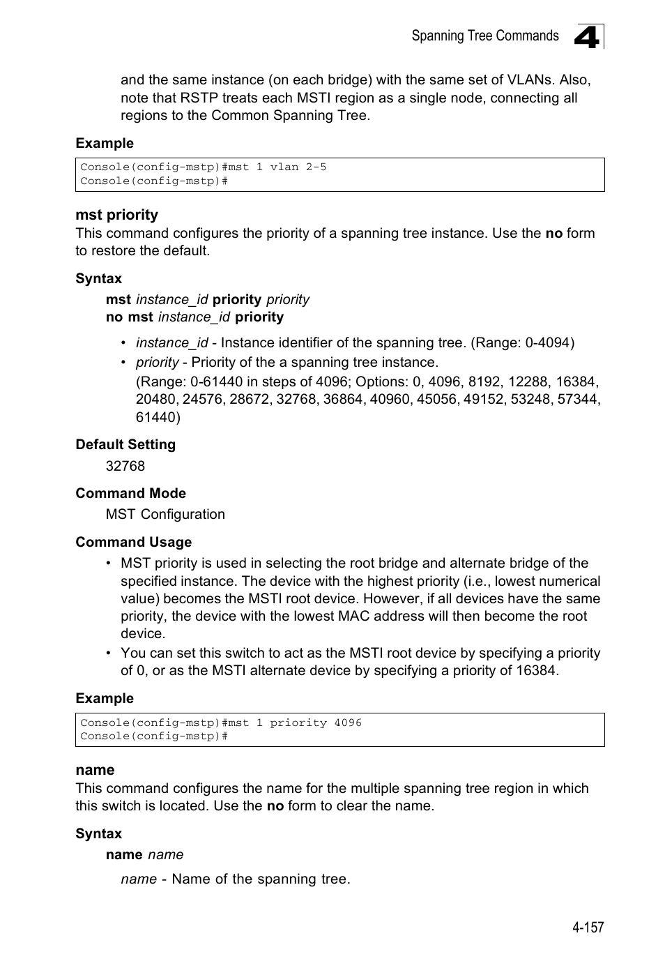Mst priority, Name, Name 4-157 | Mst priority (4-157) name (4-157), E 4-157 | Accton Technology ES5508 User Manual | Page 369 / 446