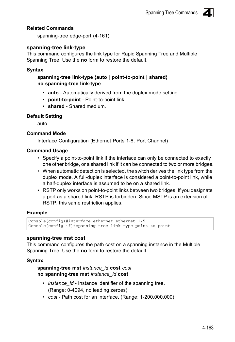 Spanning-tree link-type, Spanning-tree mst cost | Accton Technology ES5508 User Manual | Page 375 / 446