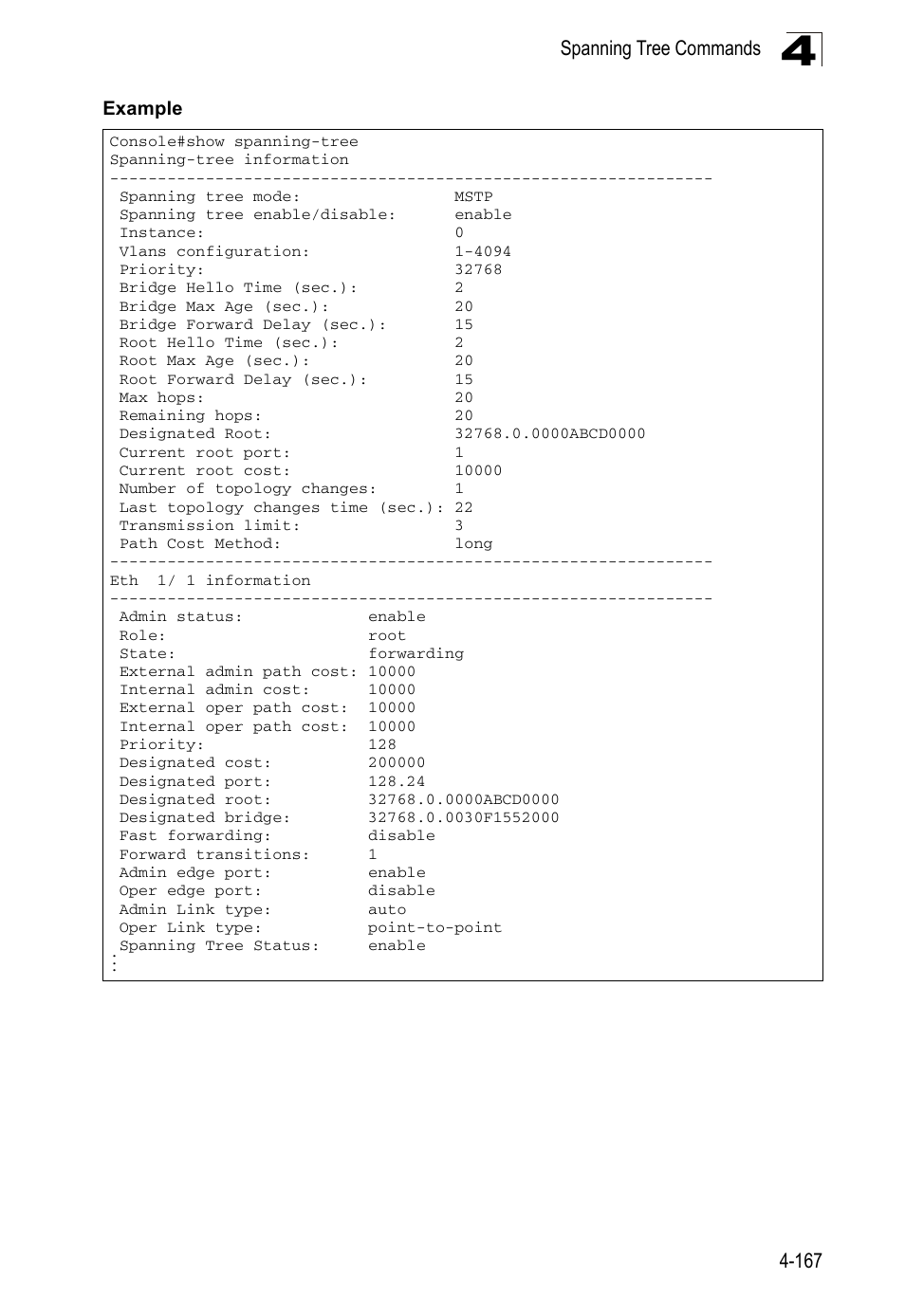 Spanning tree commands 4-167, Example | Accton Technology ES5508 User Manual | Page 379 / 446