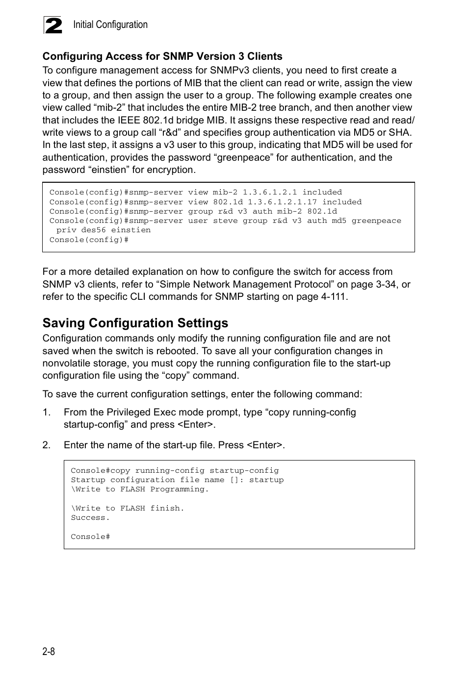 Configuring access for snmp version 3 clients, Saving configuration settings | Accton Technology ES5508 User Manual | Page 38 / 446