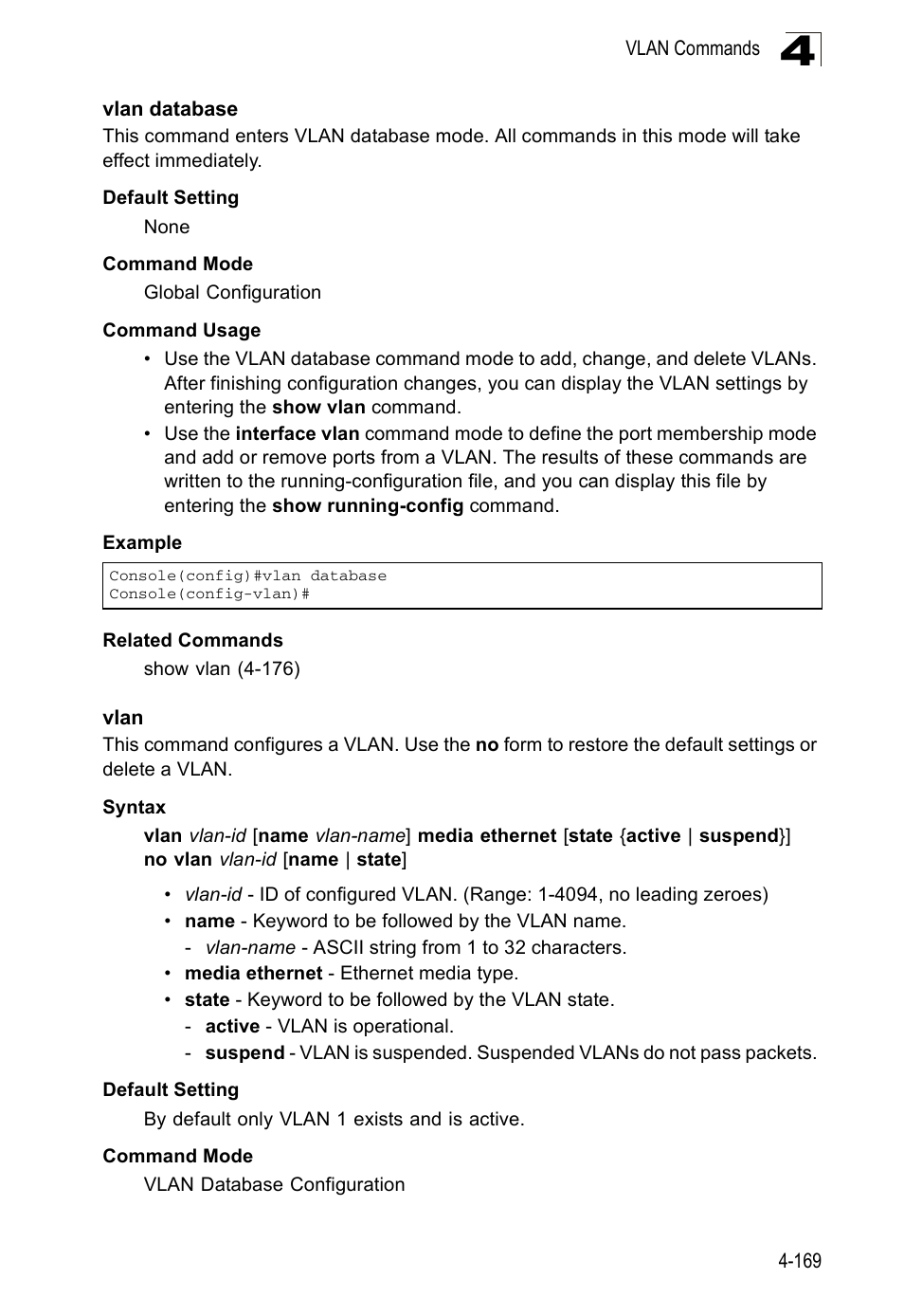 Vlan database, Vlan, Vlan 4-169 | Accton Technology ES5508 User Manual | Page 381 / 446