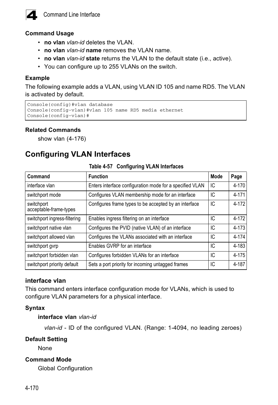 Configuring vlan interfaces, Interface vlan, Table 4-57 | Accton Technology ES5508 User Manual | Page 382 / 446
