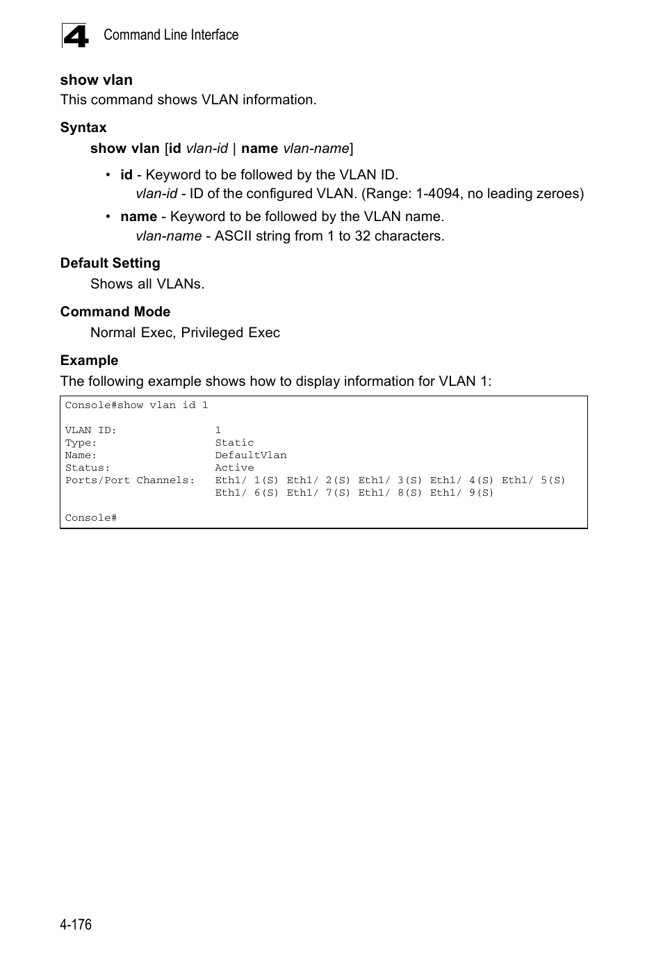 Show vlan, Show vlan (4-176) | Accton Technology ES5508 User Manual | Page 388 / 446