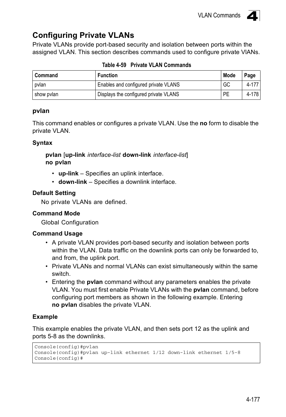 Configuring private vlans, Pvlan, Pvlan 4-177 | Table 4-59, Private vlan commands | Accton Technology ES5508 User Manual | Page 389 / 446