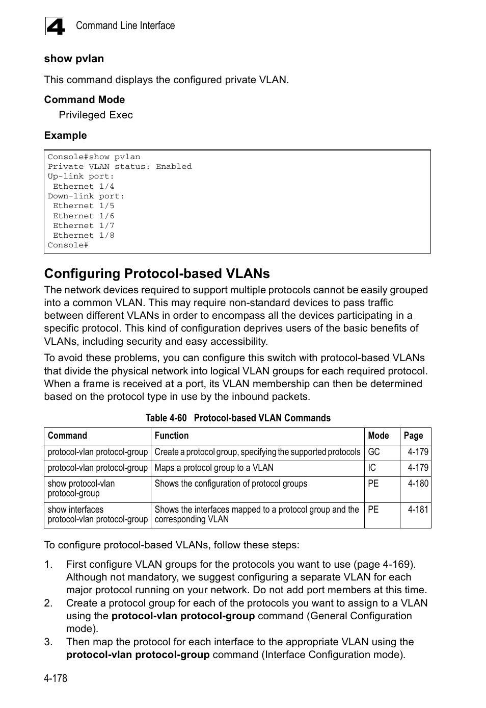 Show pvlan, Configuring protocol-based vlans, Table 4-60 | Protocol-based vlan commands | Accton Technology ES5508 User Manual | Page 390 / 446