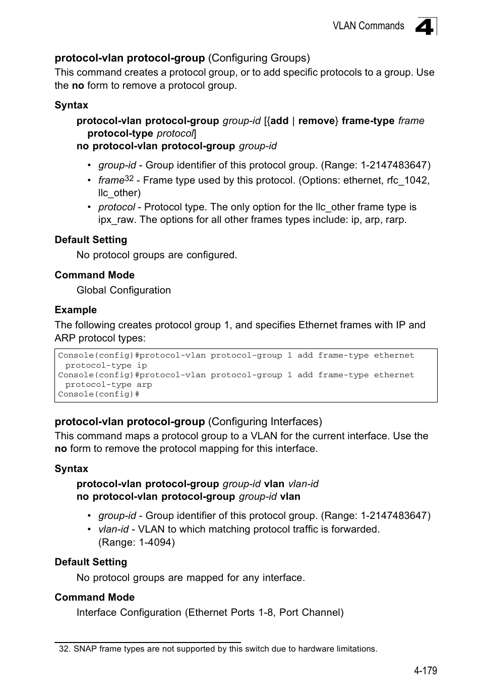Protocol-vlan protocol-group (configuring groups) | Accton Technology ES5508 User Manual | Page 391 / 446