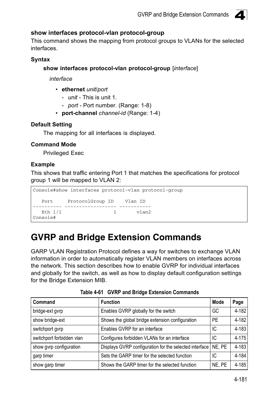 Show interfaces protocol-vlan protocol-group, Gvrp and bridge extension commands, Table 4-61 | Accton Technology ES5508 User Manual | Page 393 / 446