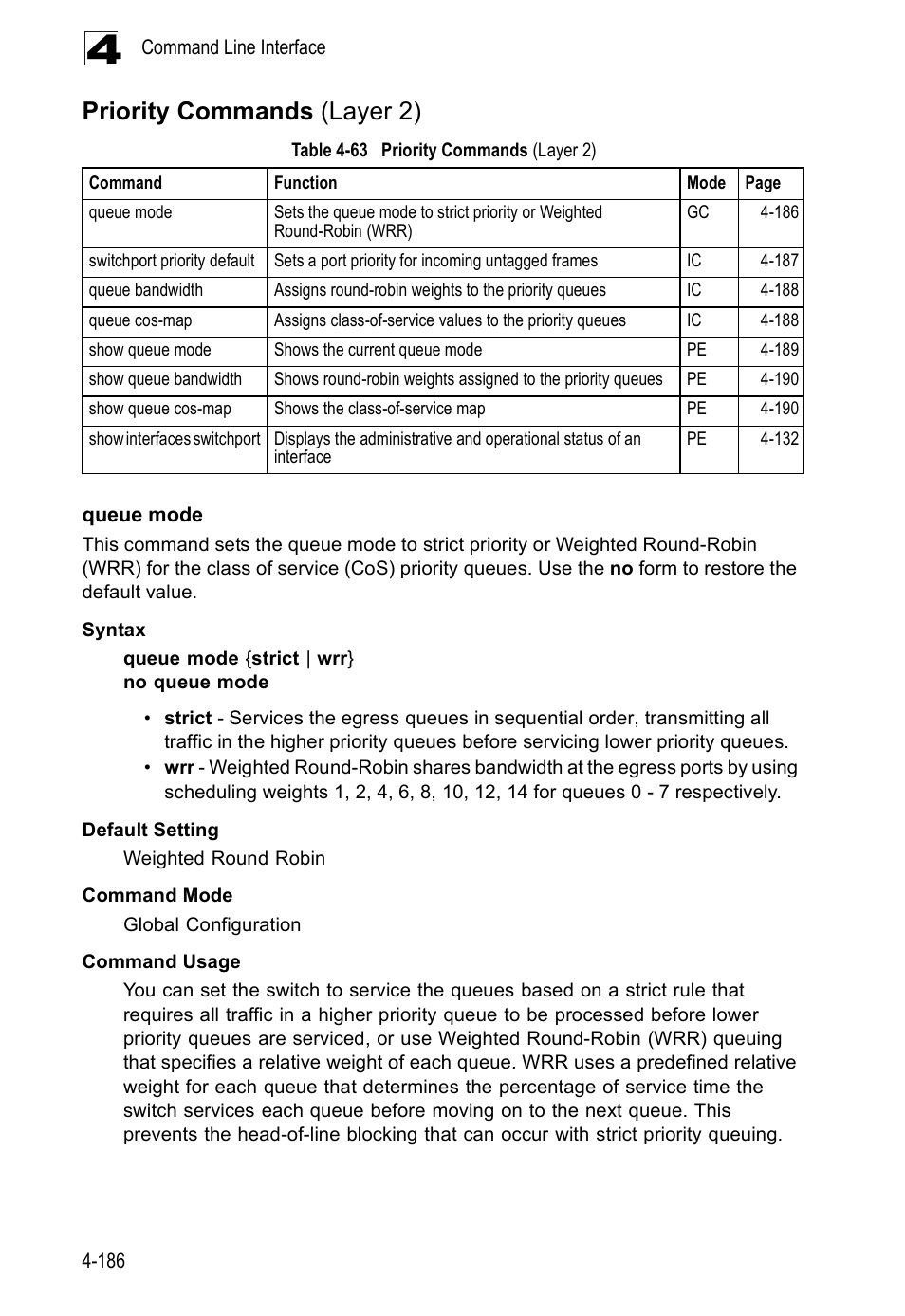 Priority commands (layer 2), Queue mode, Table 4-63 | Accton Technology ES5508 User Manual | Page 398 / 446