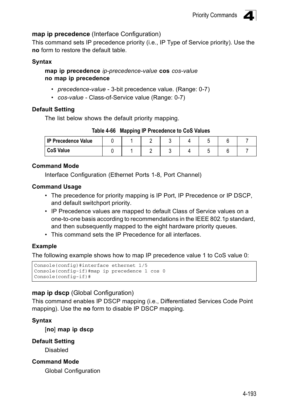 Map ip precedence (interface configuration), Map ip dscp (global configuration), Table 4-66 | Mapping ip precedence to cos values | Accton Technology ES5508 User Manual | Page 405 / 446