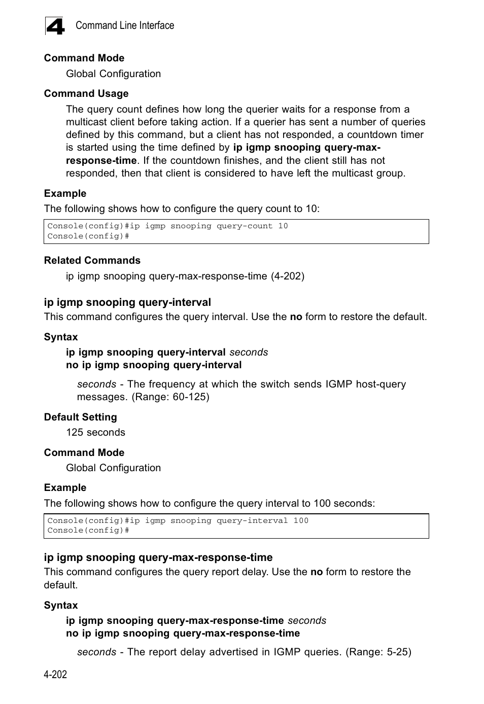 Ip igmp snooping query-interval, Ip igmp snooping query-max-response-time | Accton Technology ES5508 User Manual | Page 414 / 446