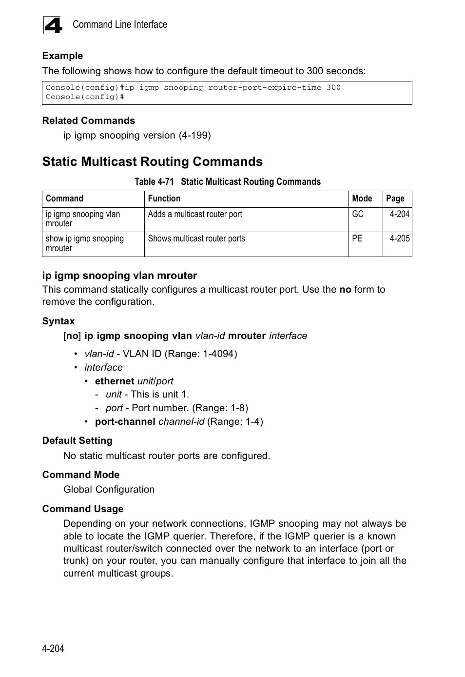 Static multicast routing commands, Ip igmp snooping vlan mrouter, Table 4-71 | Accton Technology ES5508 User Manual | Page 416 / 446