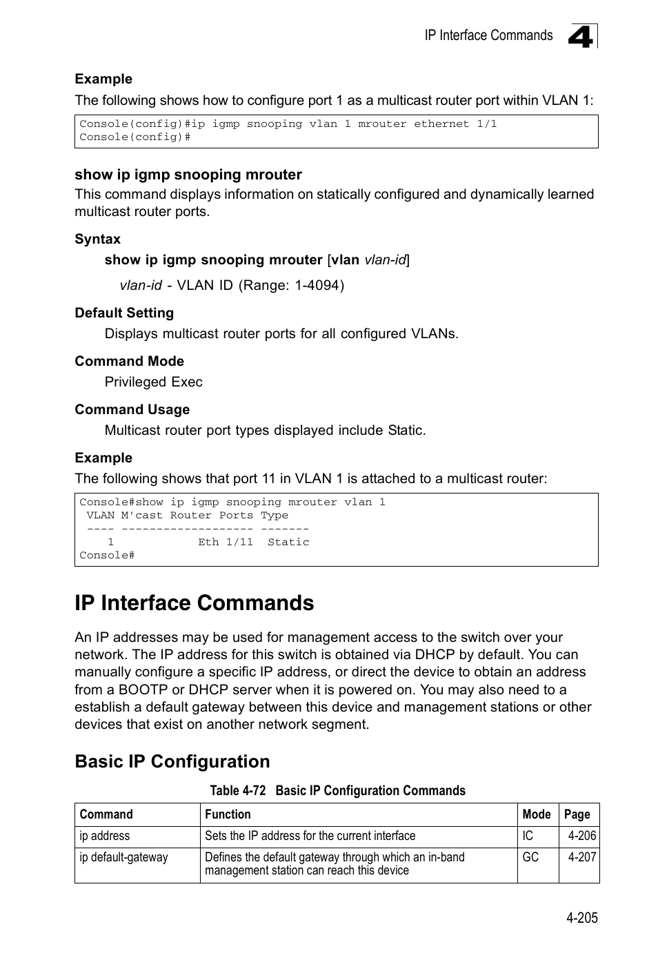 Show ip igmp snooping mrouter, Ip interface commands, Basic ip configuration | Table 4-72, Basic ip configuration commands | Accton Technology ES5508 User Manual | Page 417 / 446