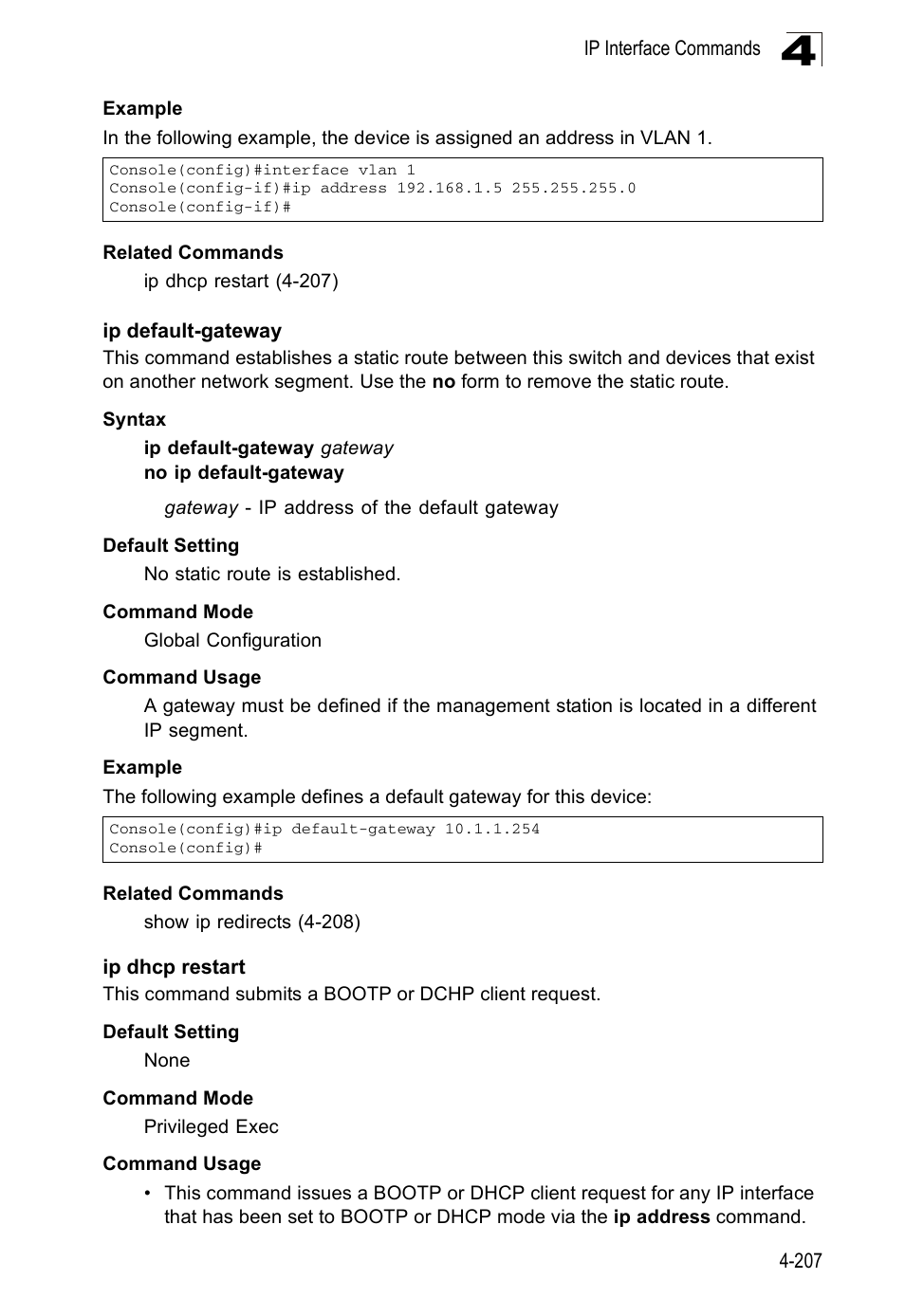 Ip default-gateway, Ip dhcp restart | Accton Technology ES5508 User Manual | Page 419 / 446