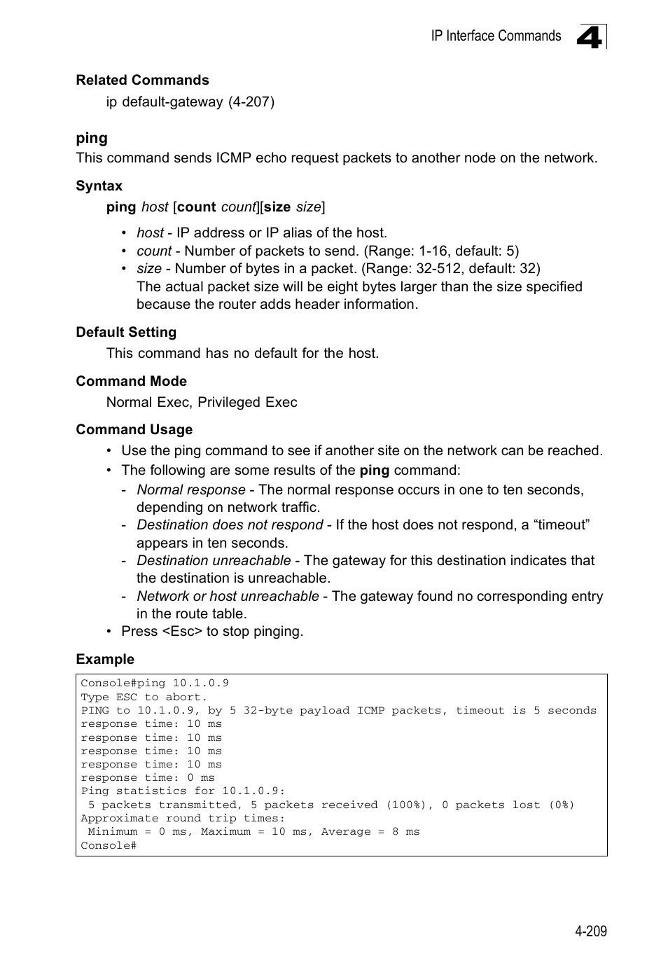 Ping, Ping 4-209 | Accton Technology ES5508 User Manual | Page 421 / 446