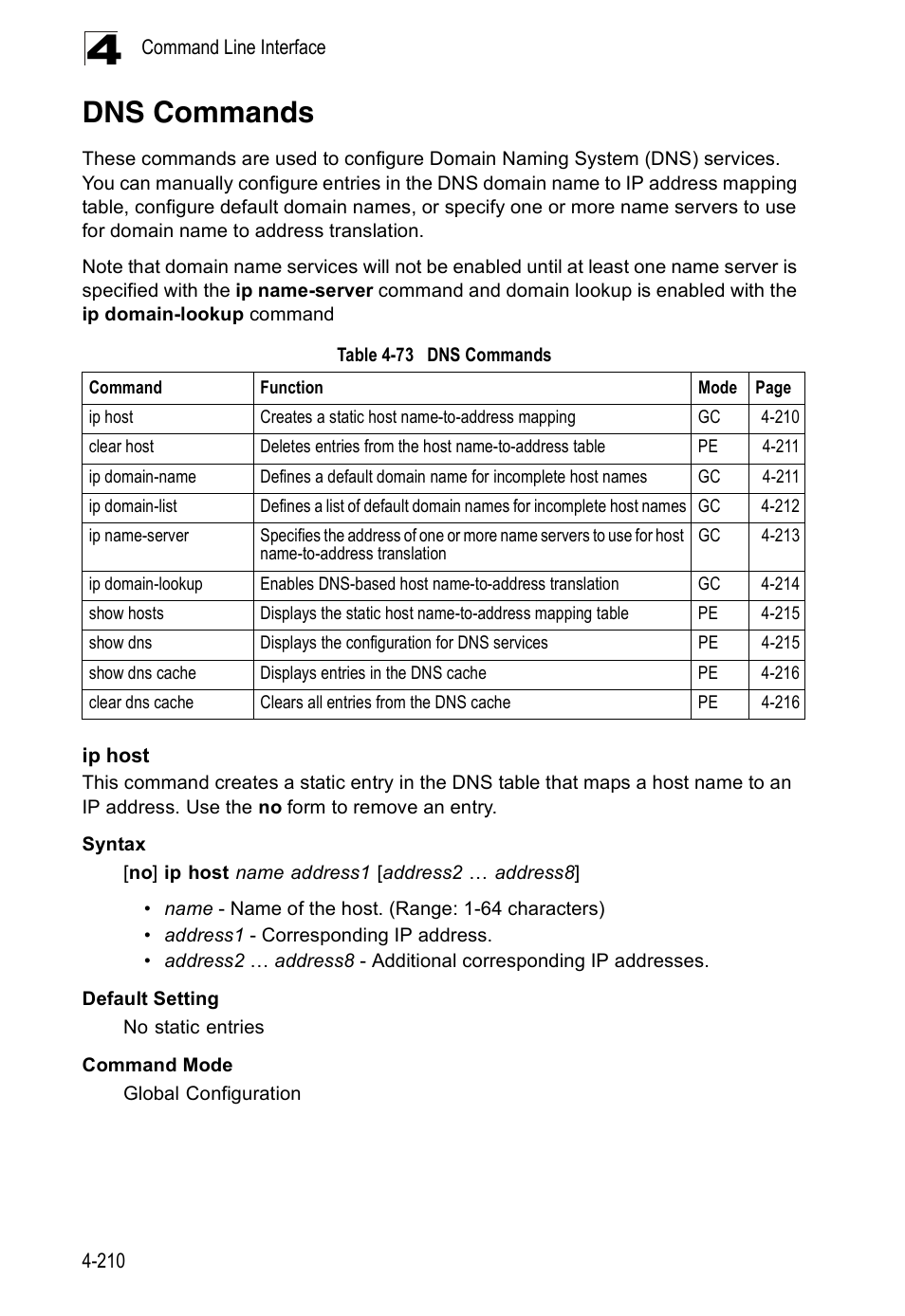 Dns commands, Ip host, Table 4-73 | Accton Technology ES5508 User Manual | Page 422 / 446