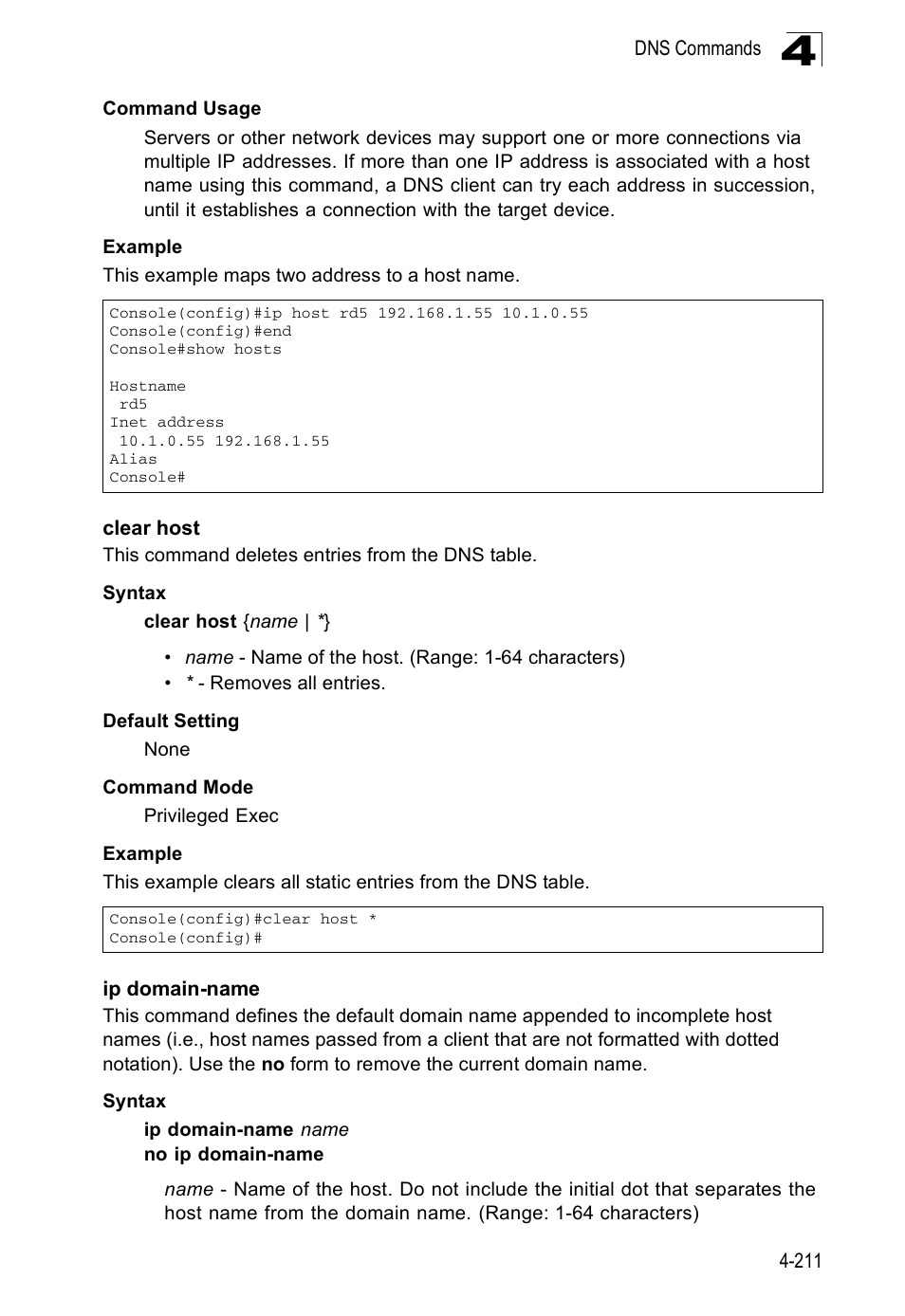 Clear host, Ip domain-name | Accton Technology ES5508 User Manual | Page 423 / 446