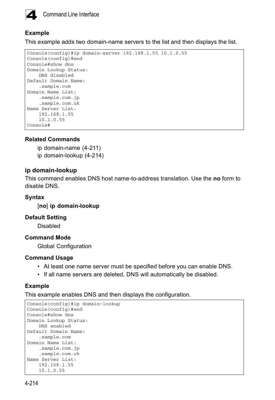 Ip domain-lookup, Ip domain-lookup (4-214) | Accton Technology ES5508 User Manual | Page 426 / 446