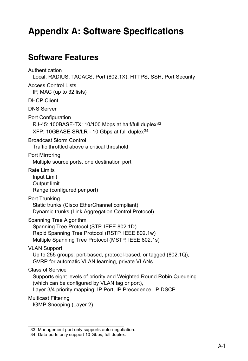 Appendix a: software specifications, Software features | Accton Technology ES5508 User Manual | Page 429 / 446