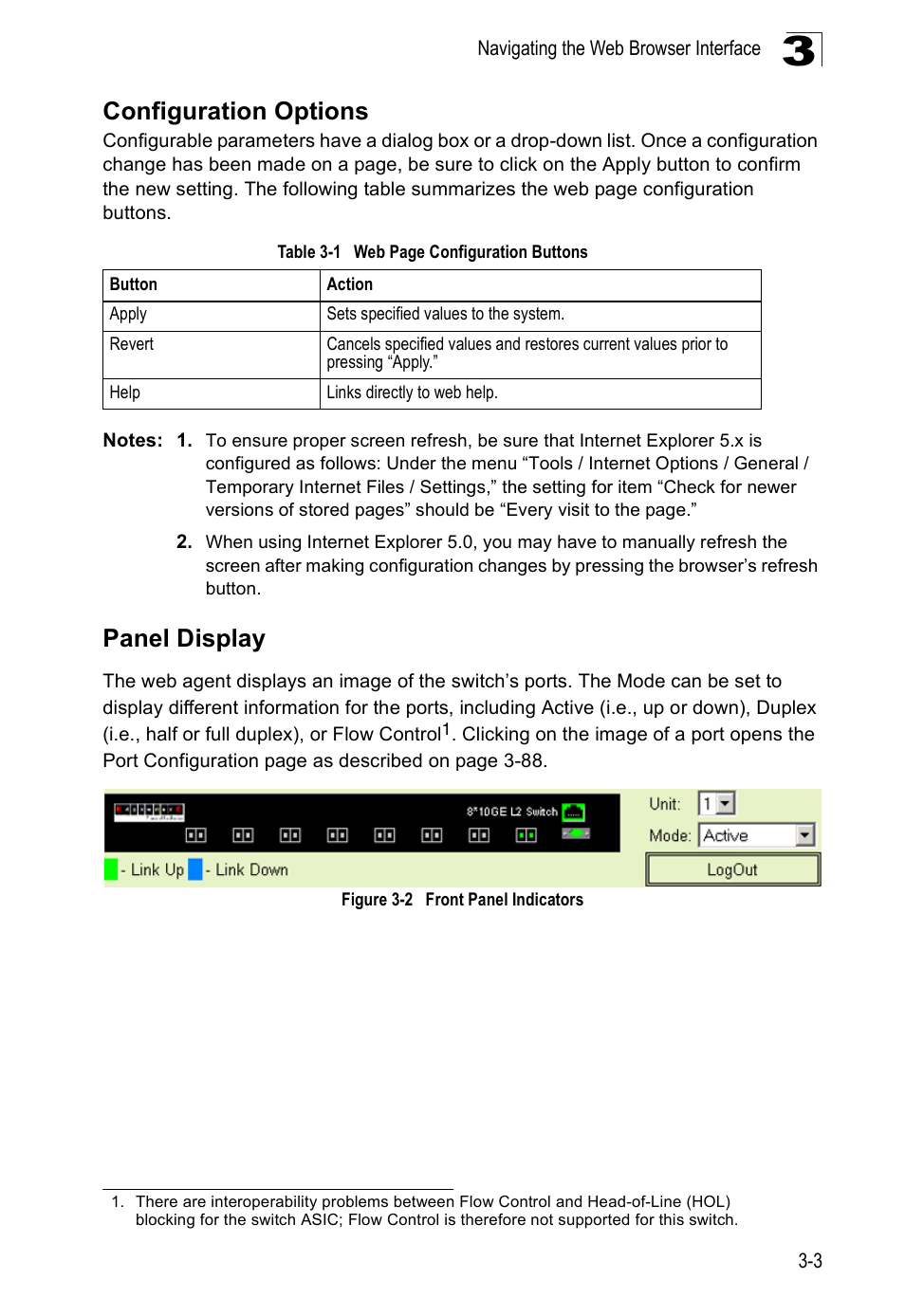 Configuration options, Panel display, Table 3-1 | Figure 3-2, Front panel indicators | Accton Technology ES5508 User Manual | Page 43 / 446