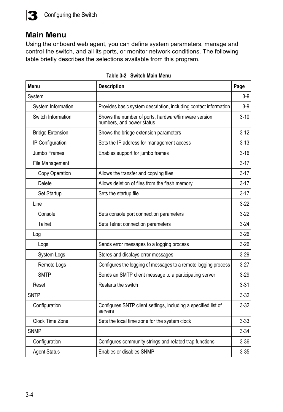 Main menu, Table 3-2, Switch main menu | Accton Technology ES5508 User Manual | Page 44 / 446