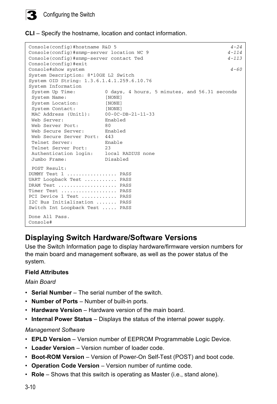 Displaying switch hardware/software versions, Configuring the switch 3-10 | Accton Technology ES5508 User Manual | Page 50 / 446