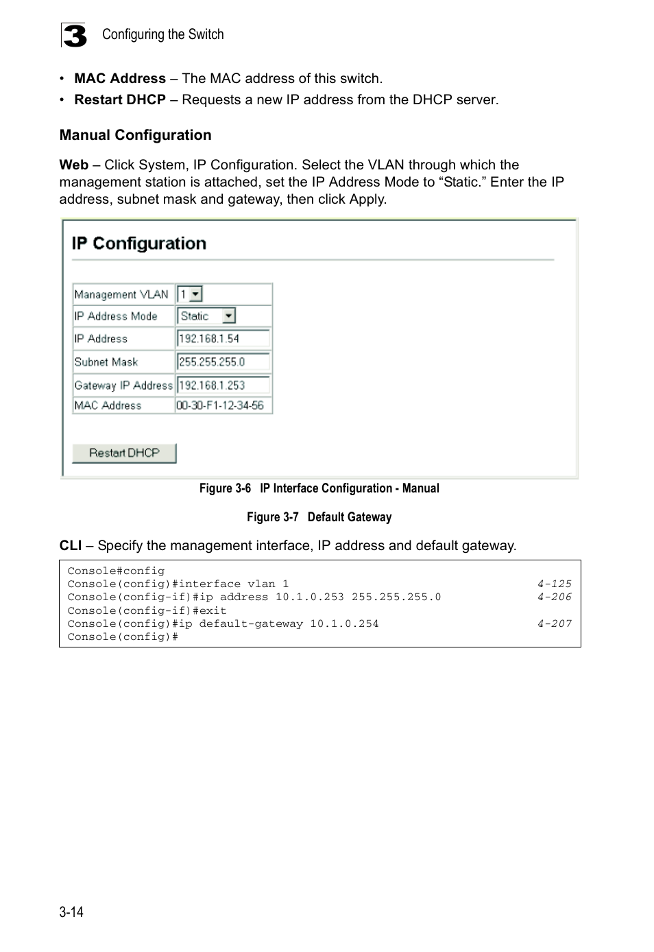 Manual configuration, Figure 3-6, Ip interface configuration - manual | Figure 3-7, Default gateway | Accton Technology ES5508 User Manual | Page 54 / 446