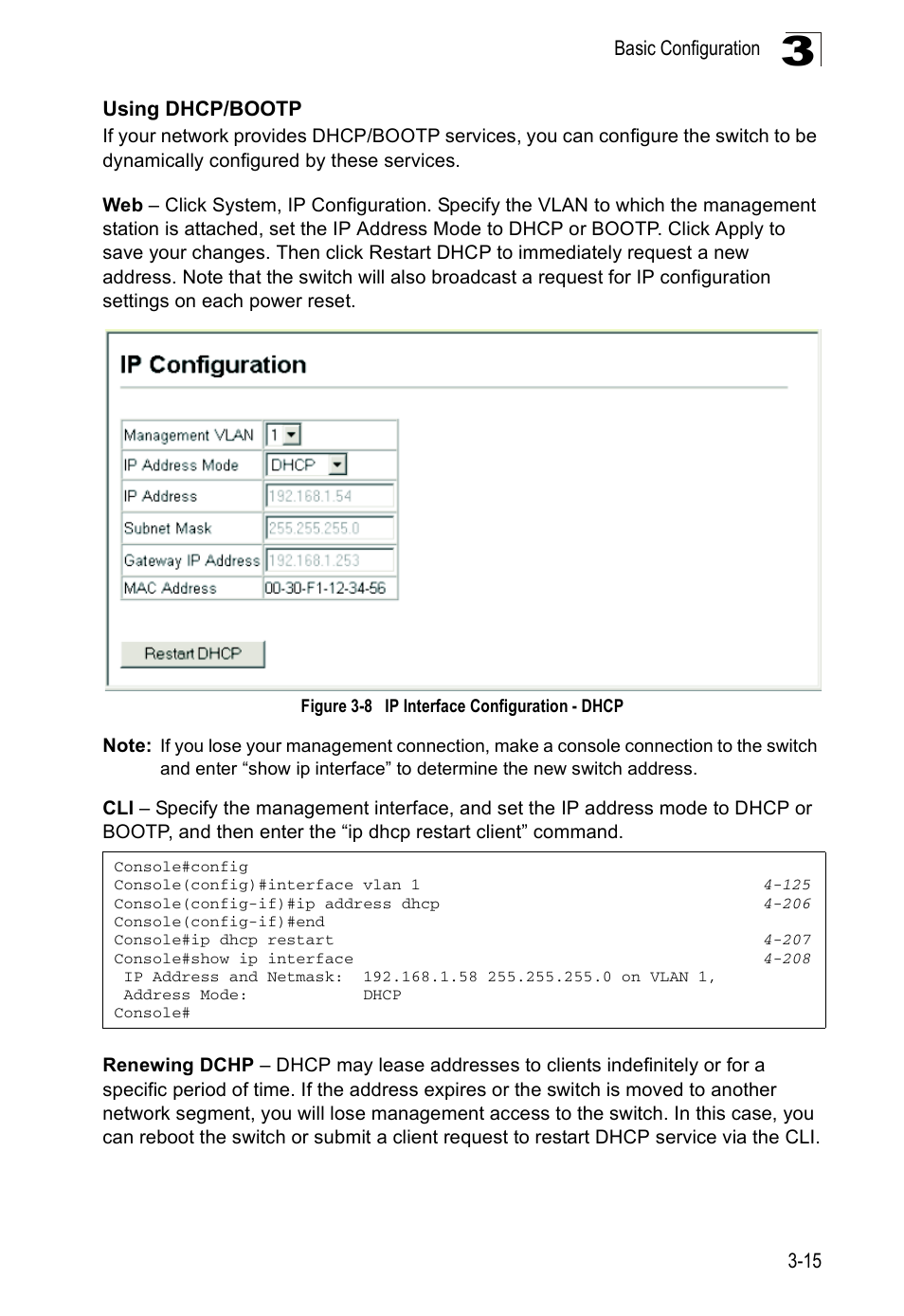 Using dhcp/bootp, Figure 3-8, Ip interface configuration - dhcp | Accton Technology ES5508 User Manual | Page 55 / 446