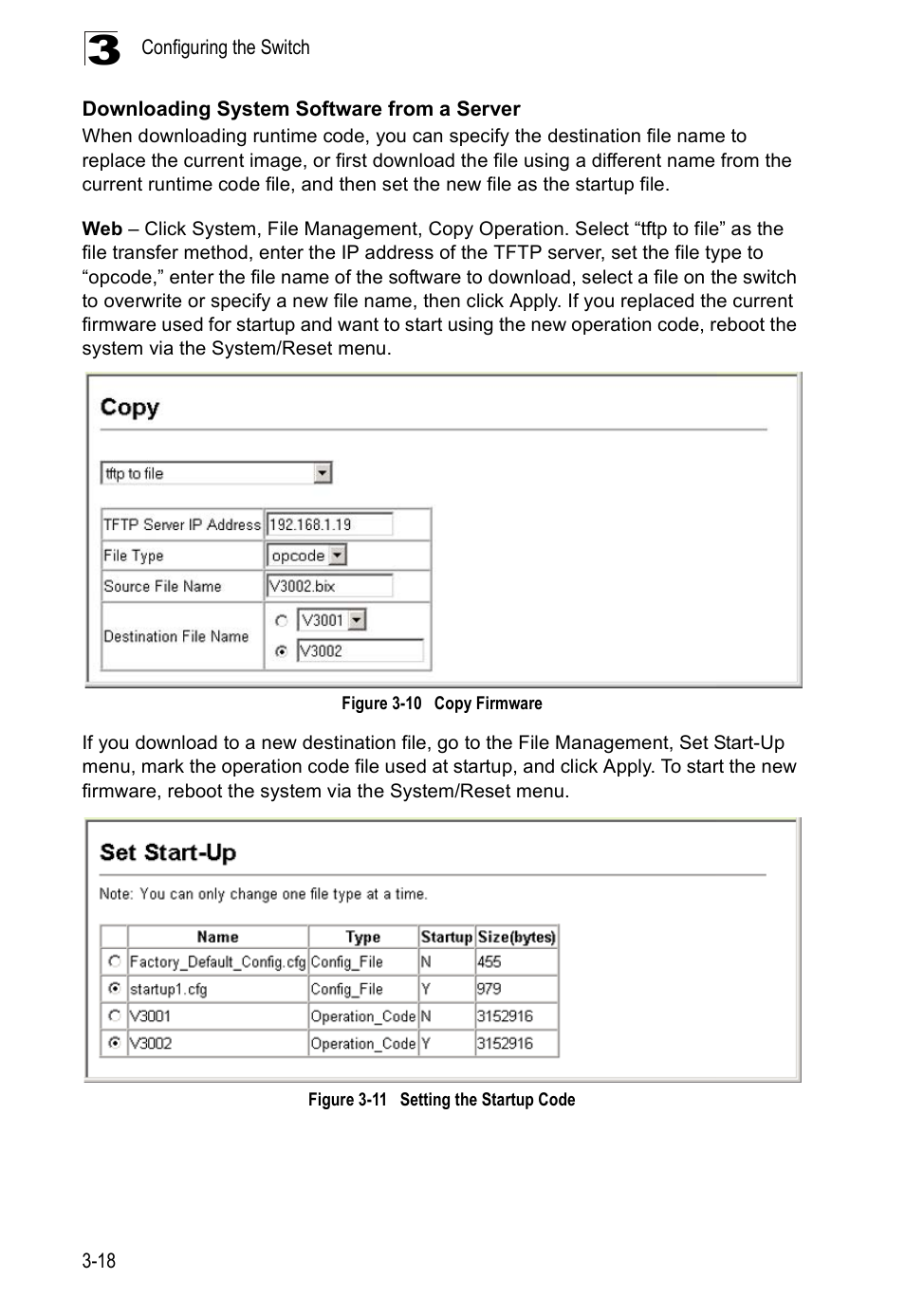 Downloading system software from a server, Figure 3-10, Copy firmware | Figure 3-11, Setting the startup code | Accton Technology ES5508 User Manual | Page 58 / 446