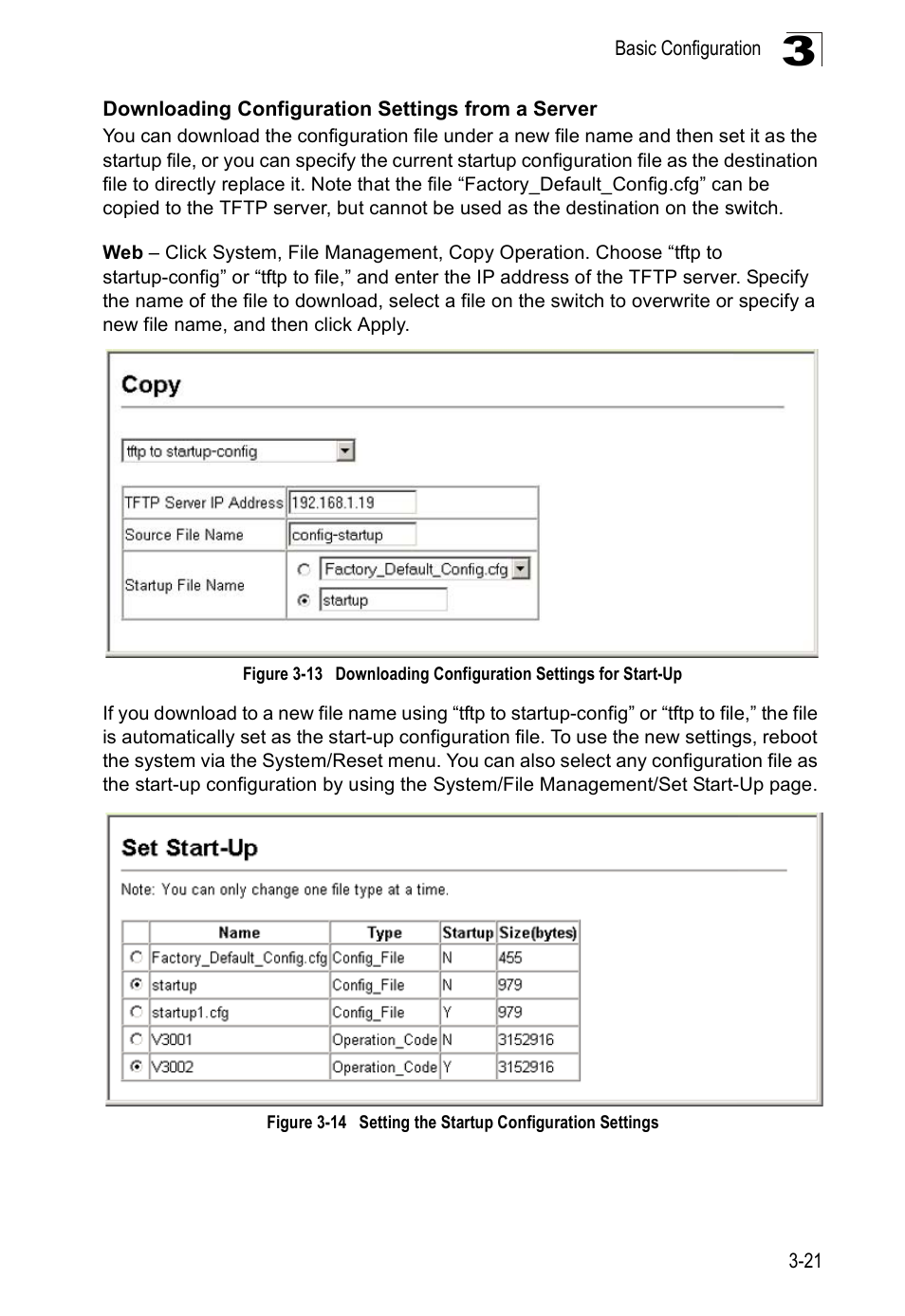 Downloading configuration settings from a server, Figure 3-13, Downloading configuration settings for start-up | Figure 3-14, Setting the startup configuration settings | Accton Technology ES5508 User Manual | Page 61 / 446