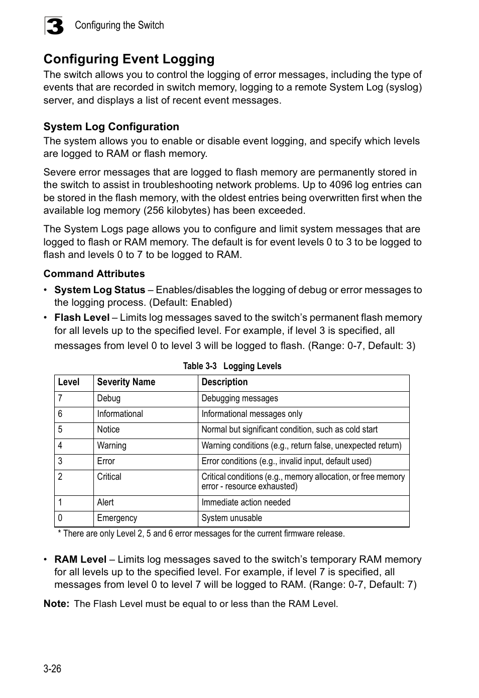 Configuring event logging, System log configuration, Table 3-3 | Logging levels | Accton Technology ES5508 User Manual | Page 66 / 446