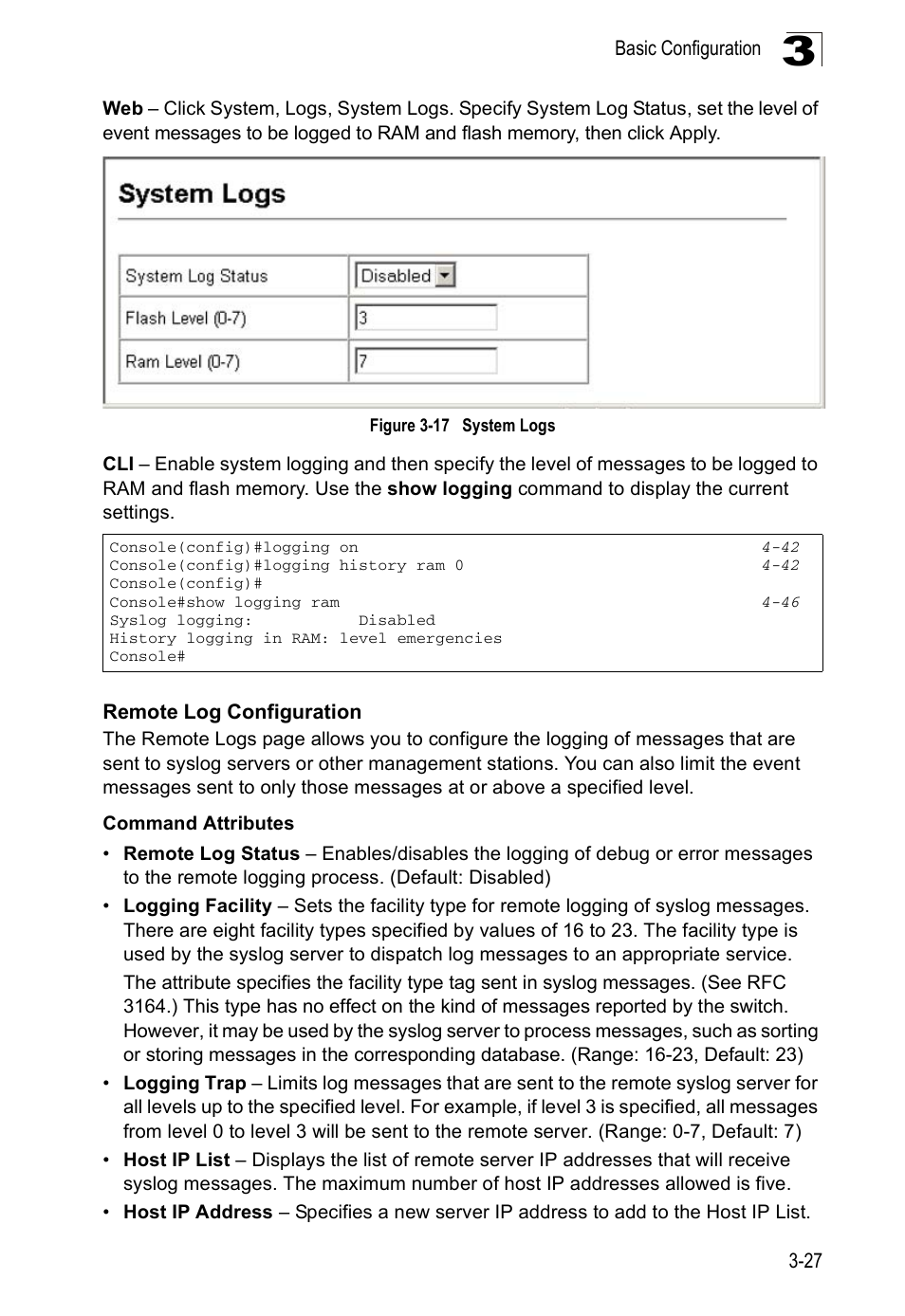 Remote log configuration, Figure 3-17, System logs | Accton Technology ES5508 User Manual | Page 67 / 446