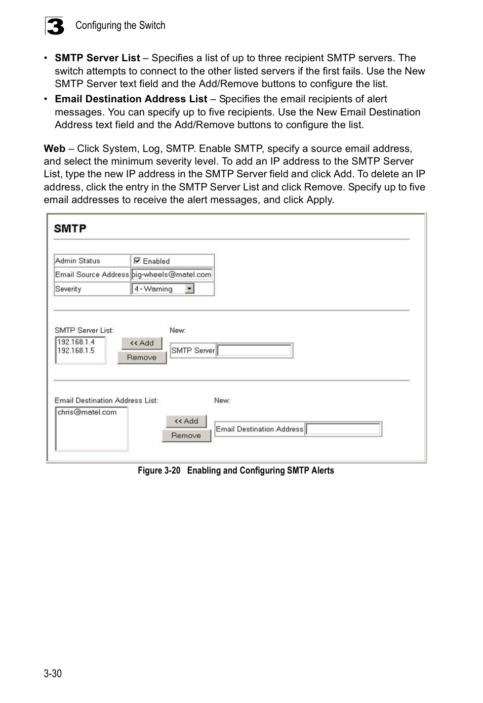 Figure 3-20, Enabling and configuring smtp alerts | Accton Technology ES5508 User Manual | Page 70 / 446