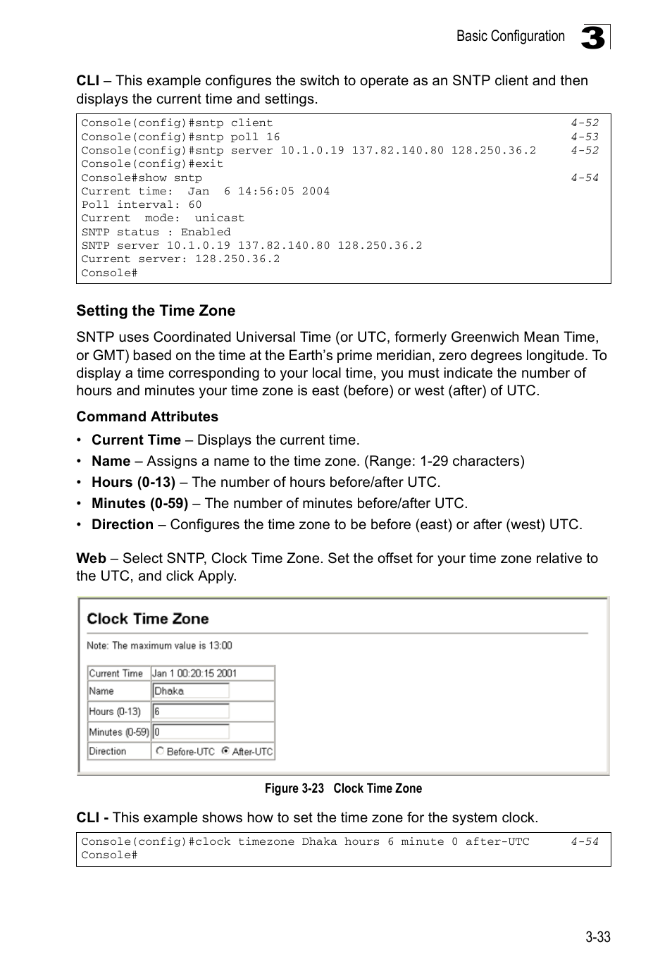 Setting the time zone, Figure 3-23, Clock time zone | Accton Technology ES5508 User Manual | Page 73 / 446