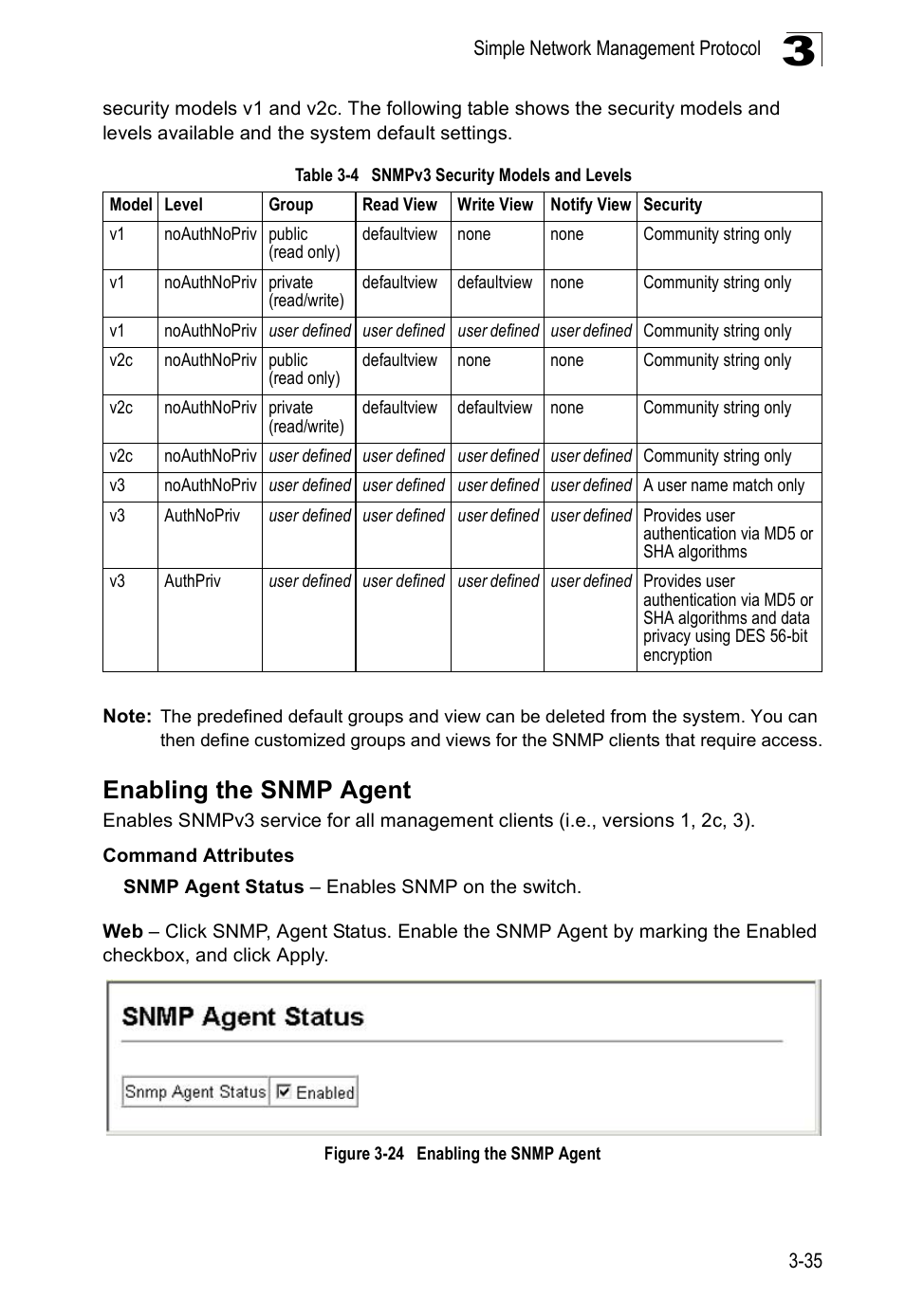 Enabling the snmp agent, Table 3-4, Snmpv3 security models and levels | Figure 3-24 | Accton Technology ES5508 User Manual | Page 75 / 446