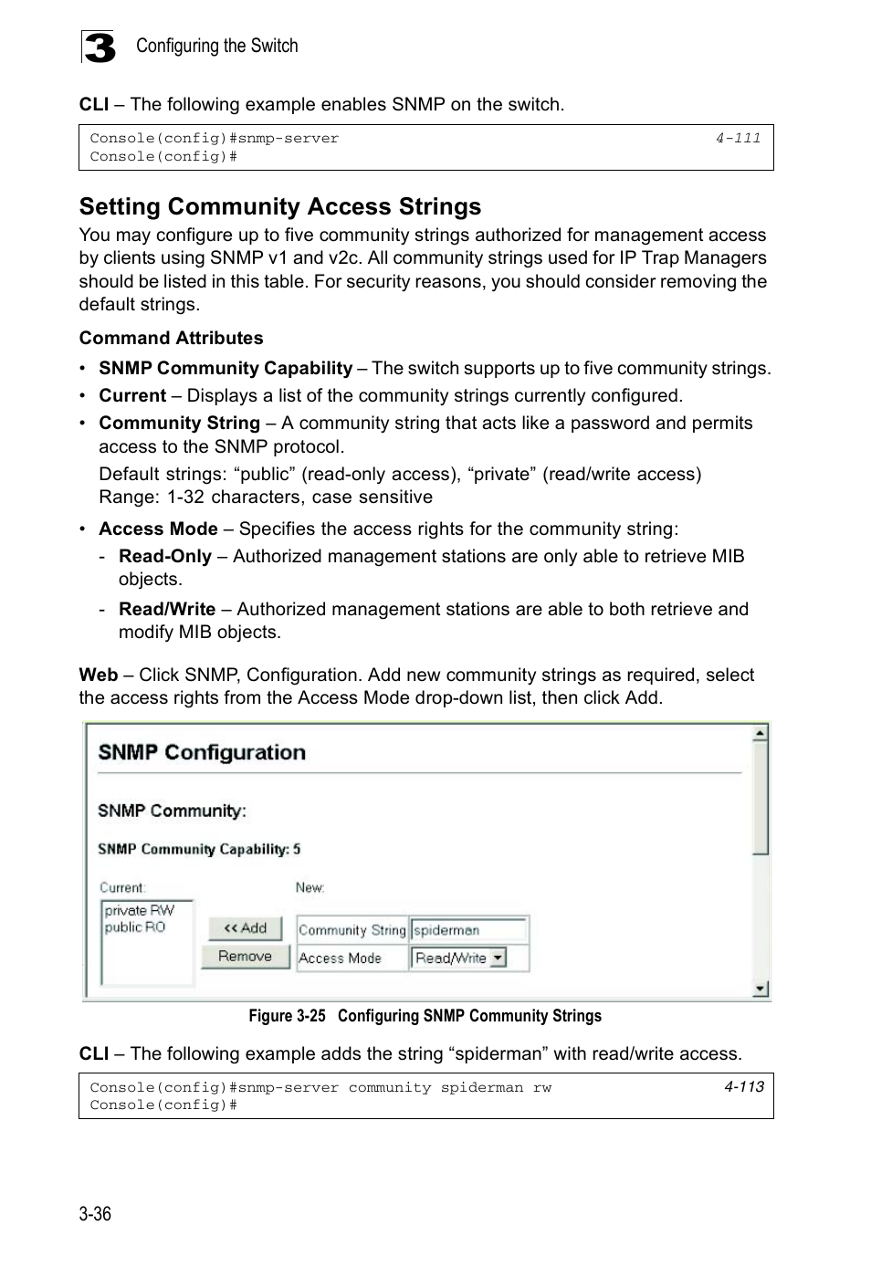 Setting community access strings, Figure 3-25, Configuring snmp community strings | Accton Technology ES5508 User Manual | Page 76 / 446