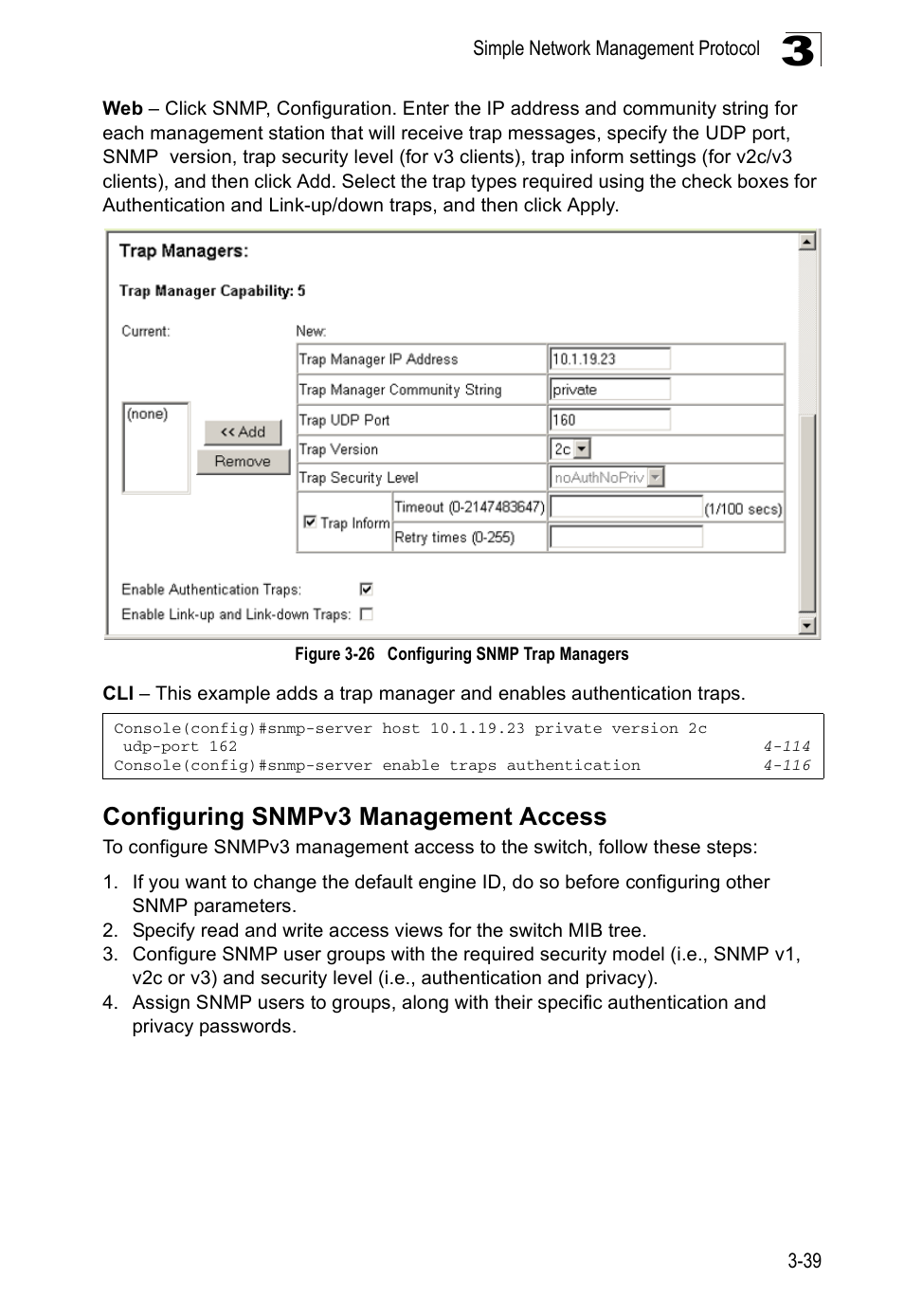 Configuring snmpv3 management access, Figure 3-26, Configuring snmp trap managers | Accton Technology ES5508 User Manual | Page 79 / 446